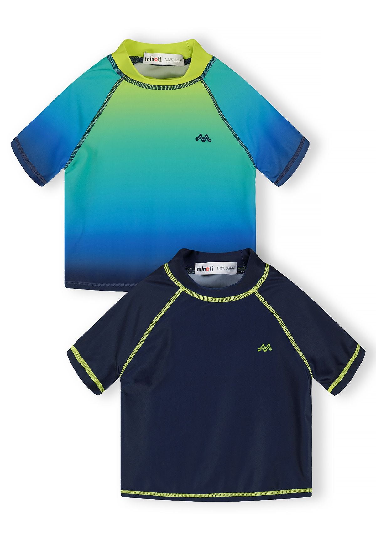 Boys' rash tops in ombre lime and navy, front view, short sleeves.