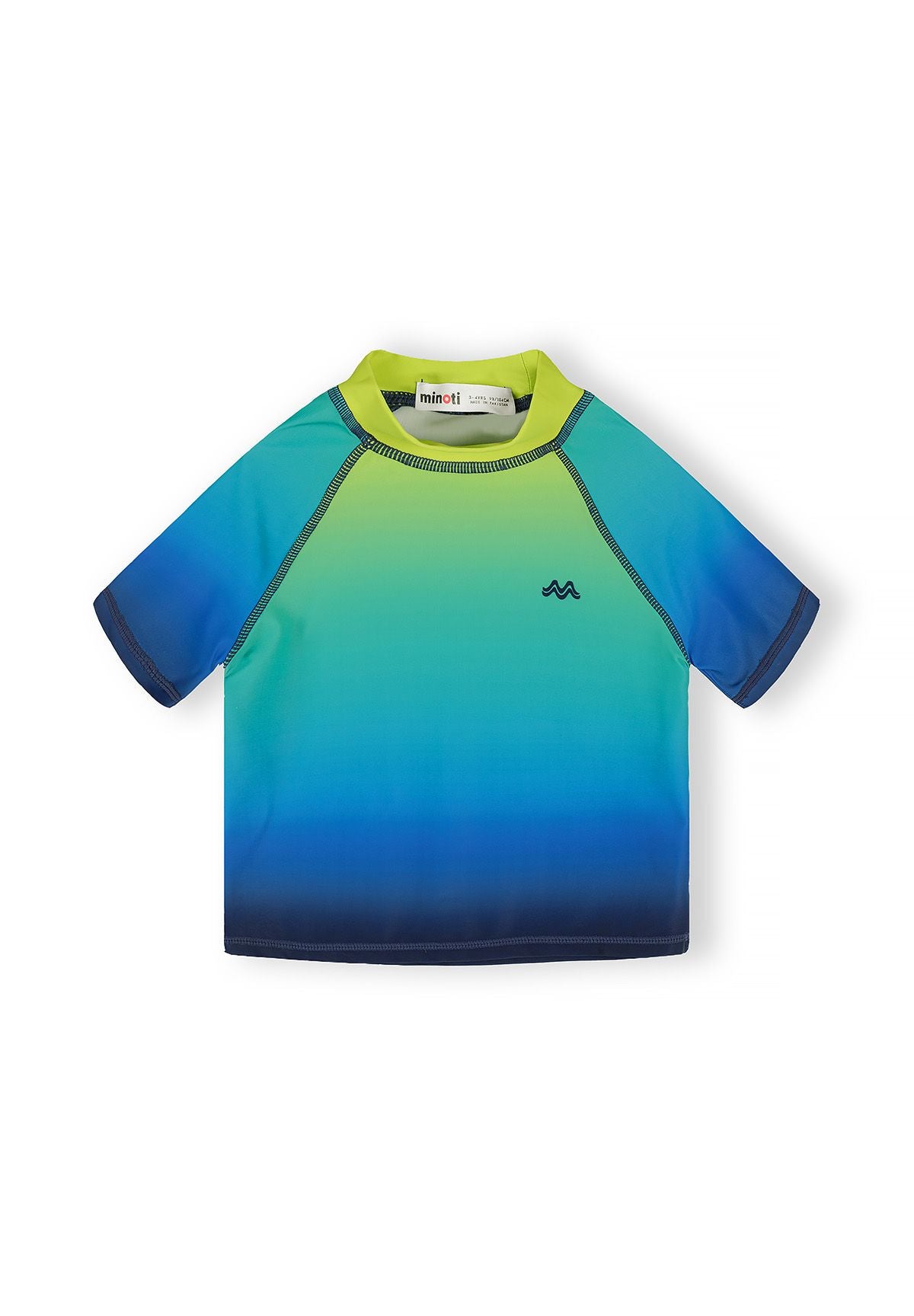 Boys' short-sleeve rash top in ombre lime and navy, front view, features a round neck and no pockets.