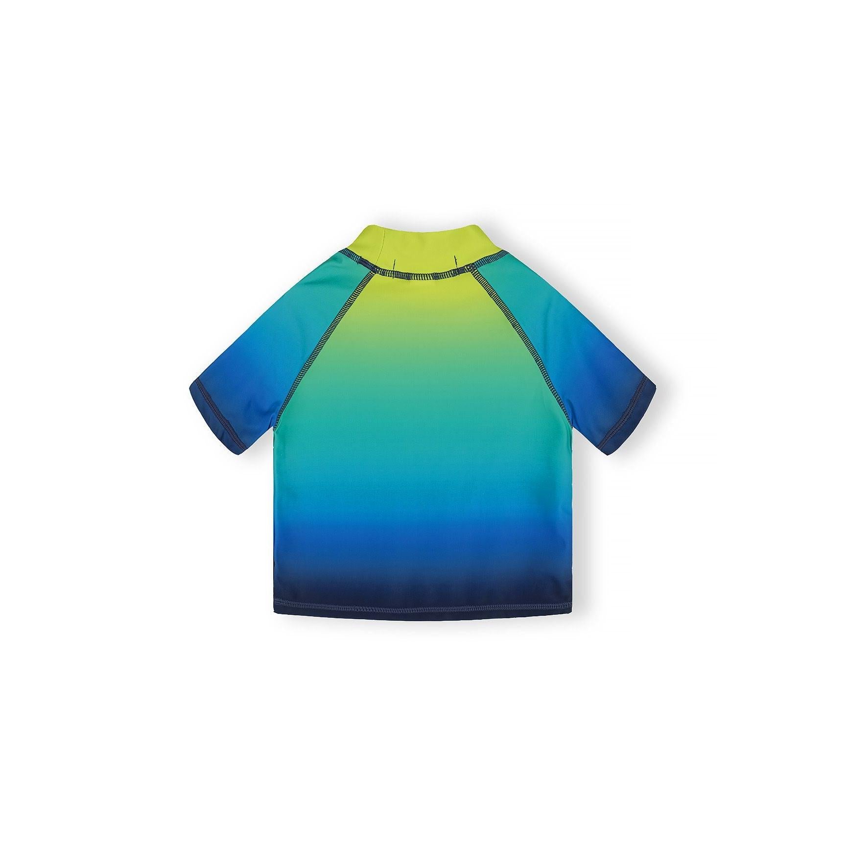 Back view of blue ombré short sleeve rash guard with lime green to blue gradient design on white background