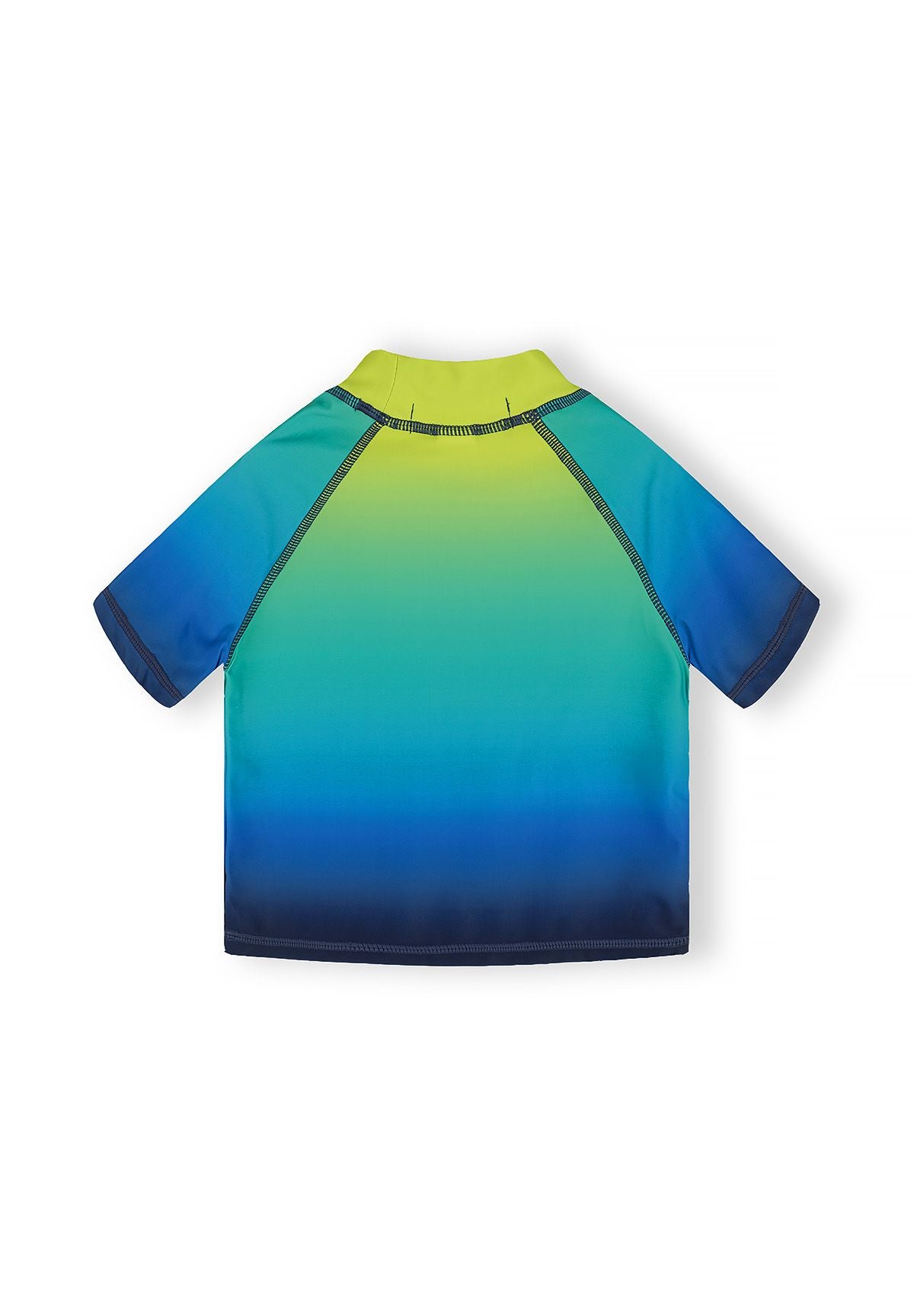 Back view of a boys' rash top in ombre lime and navy with short sleeves.