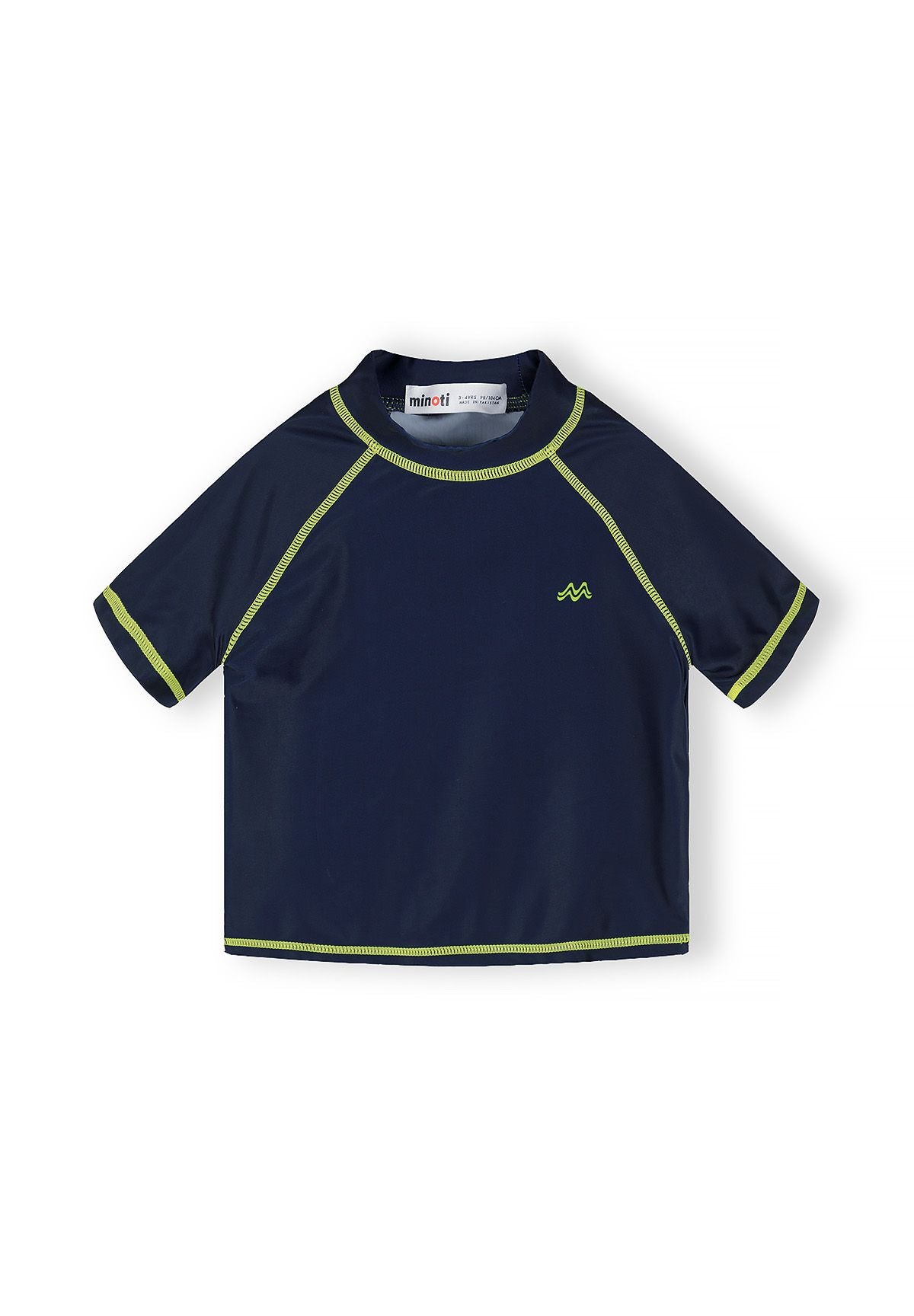 Boys' navy rash top with short sleeves and lime accents, front view.