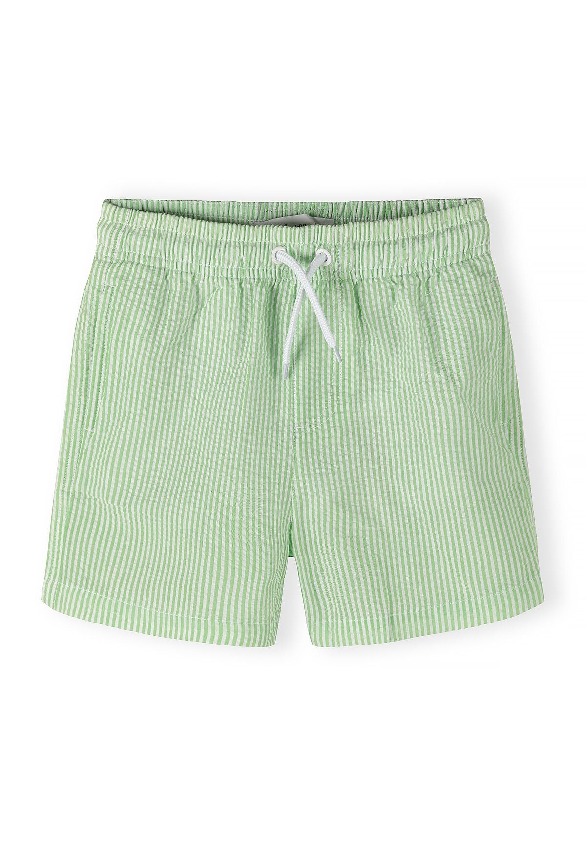 Blue/white and green/white swim shorts, green front.