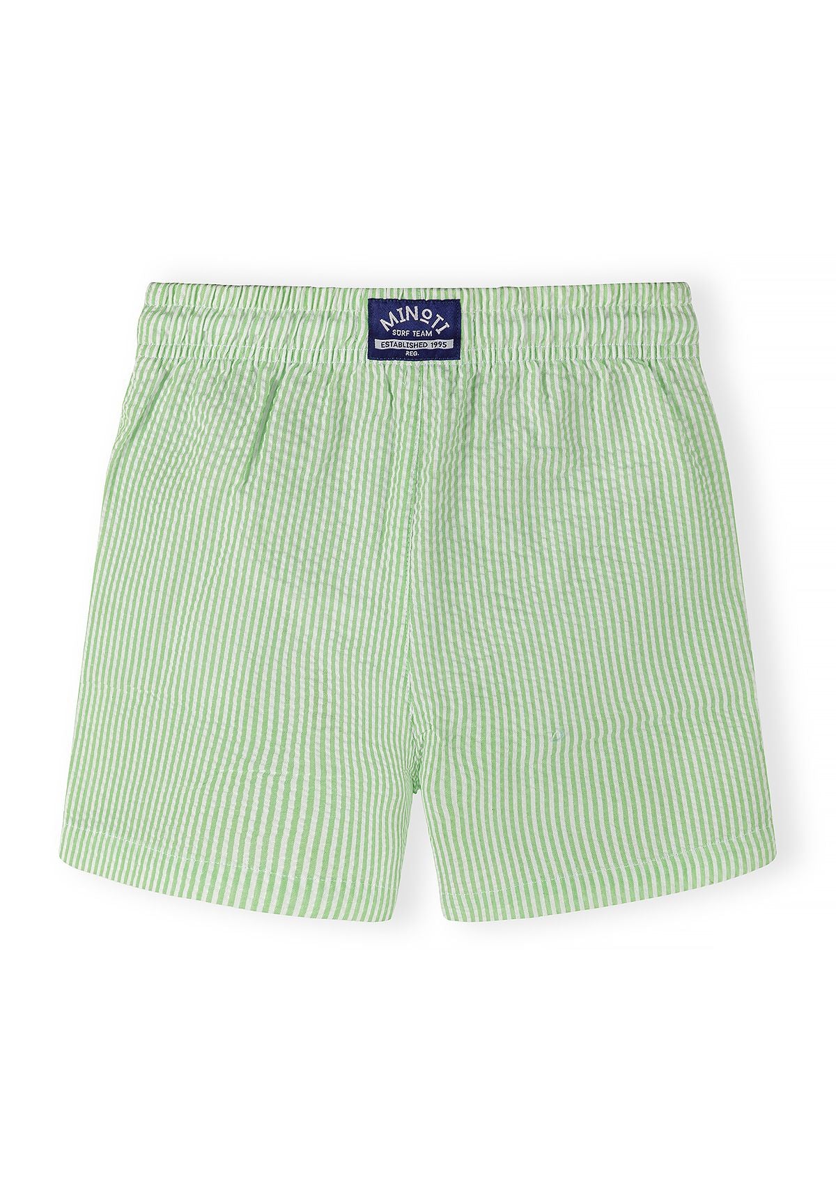Blue/white and green/white swim shorts, green back.