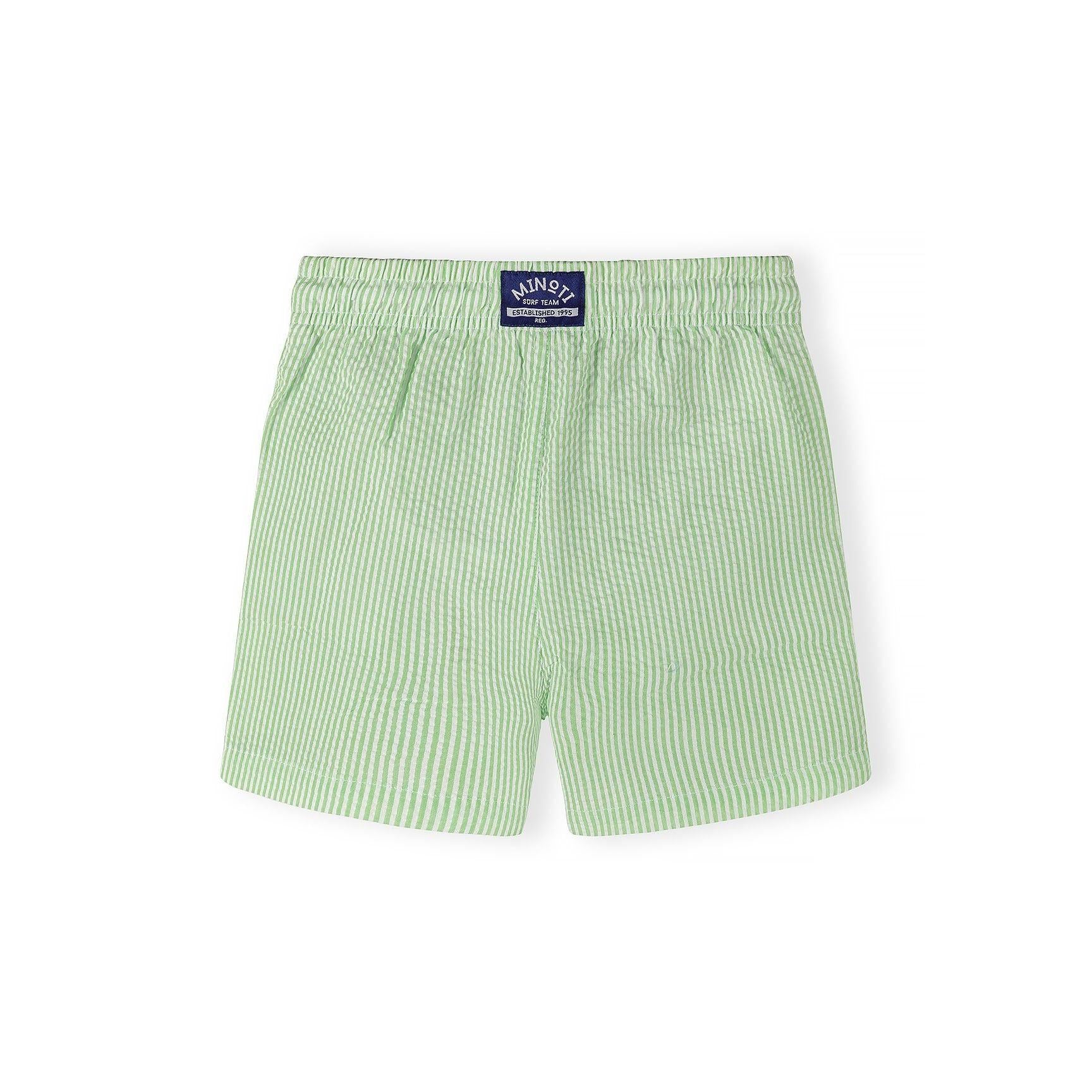 Close-up detail of light blue striped swim shorts showing elasticated waistband with white drawstring and vertical stripe pattern texture