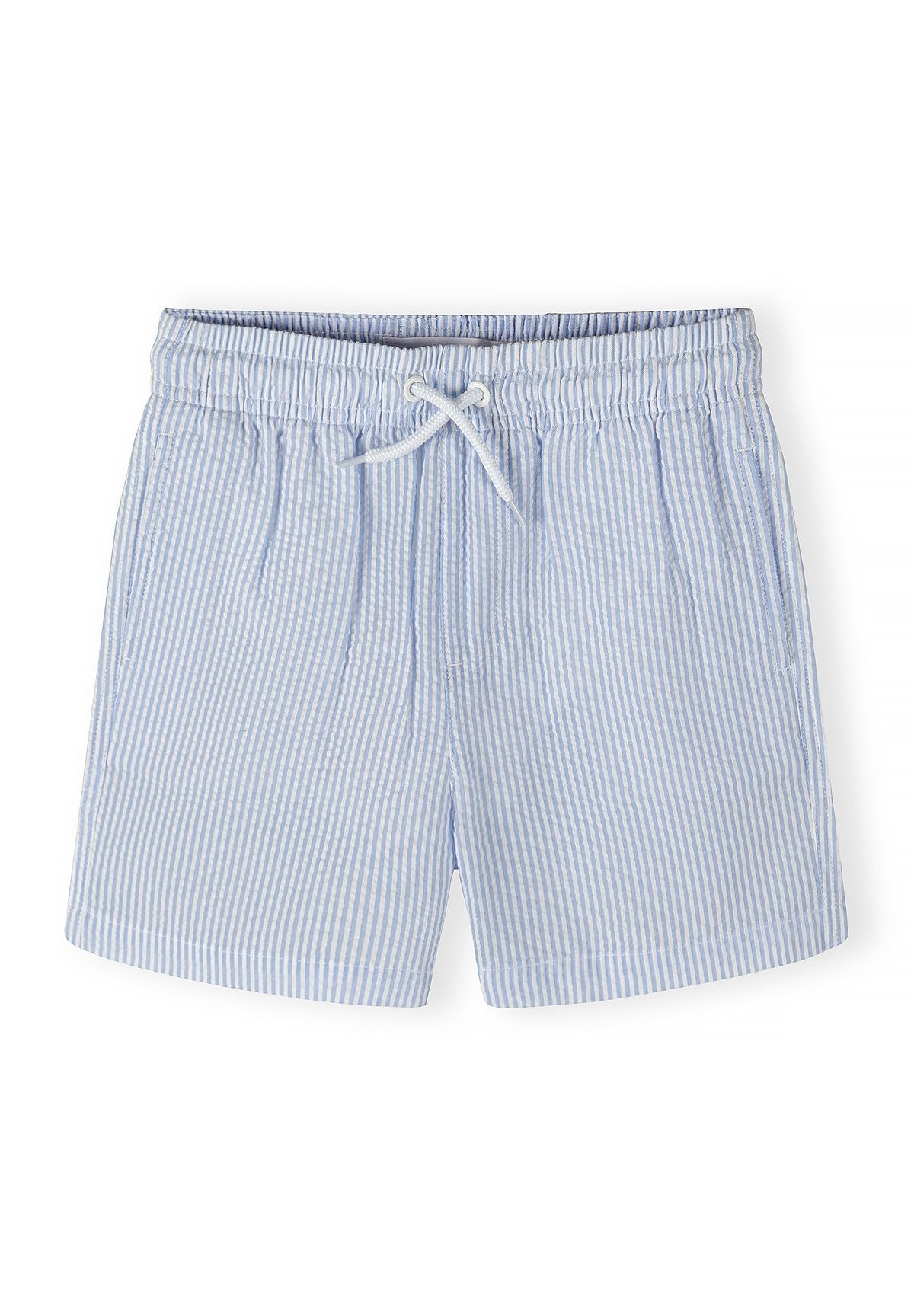 Boys swim shorts in blue and white striped design, front view, elasticated waistband.