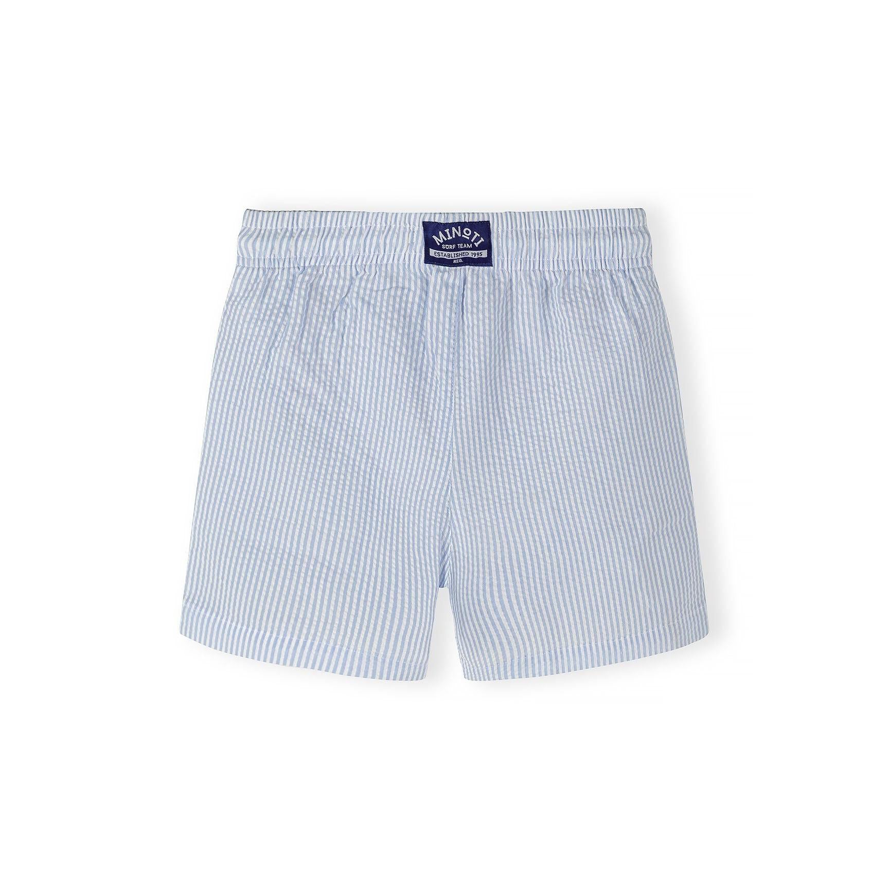 Close-up detail of light blue striped swim shorts showing elasticated waistband with white drawstring and vertical stripe pattern texture