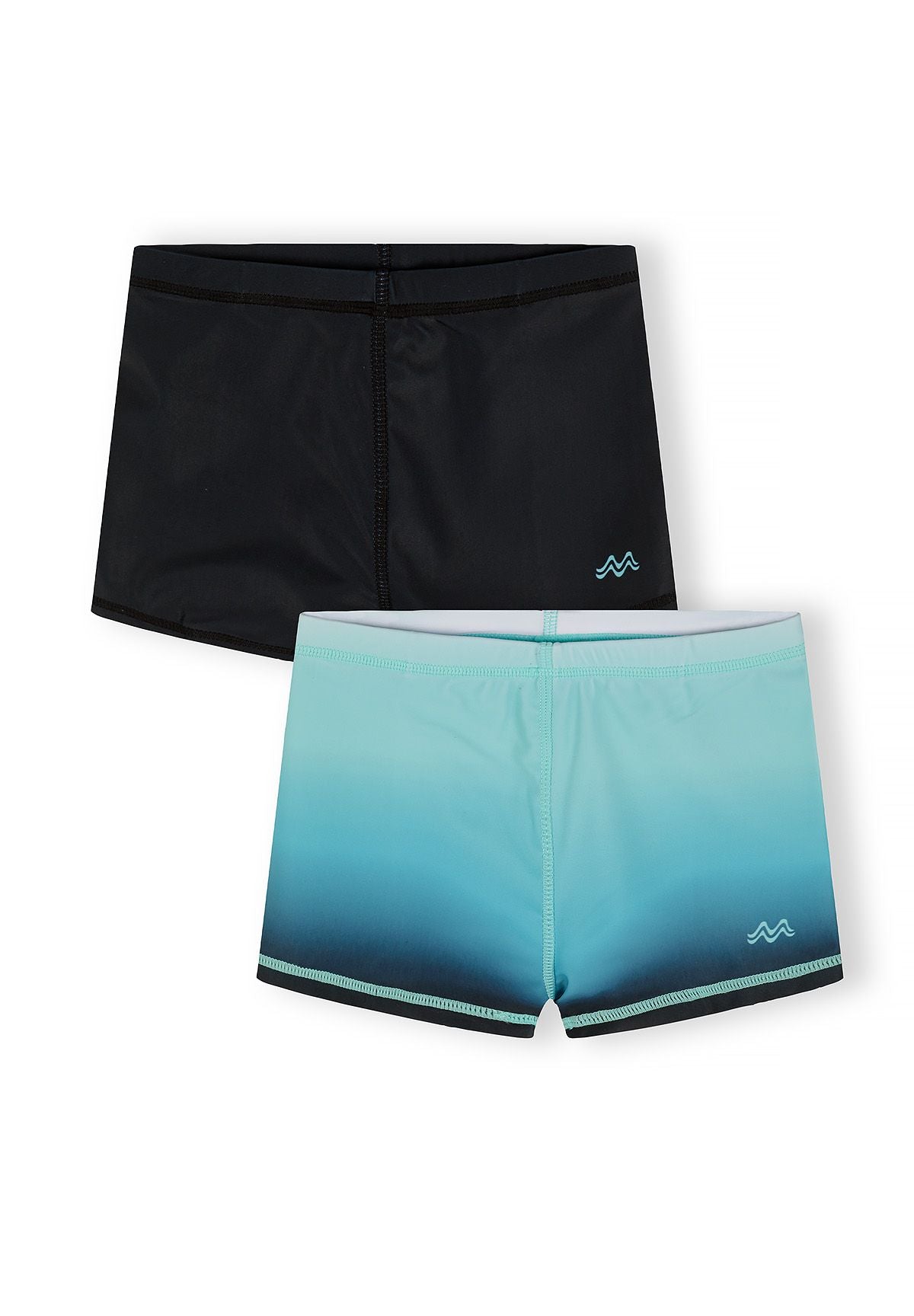 Boys swim shorts in black and blue gradient, front view, elasticated waistband.