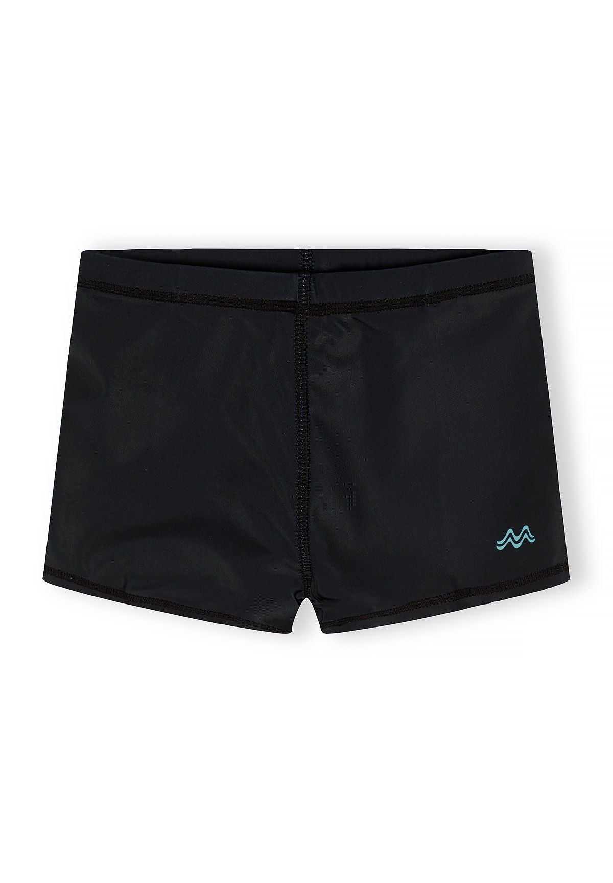 Boys swim shorts in solid black, front view, featuring a logo badge.