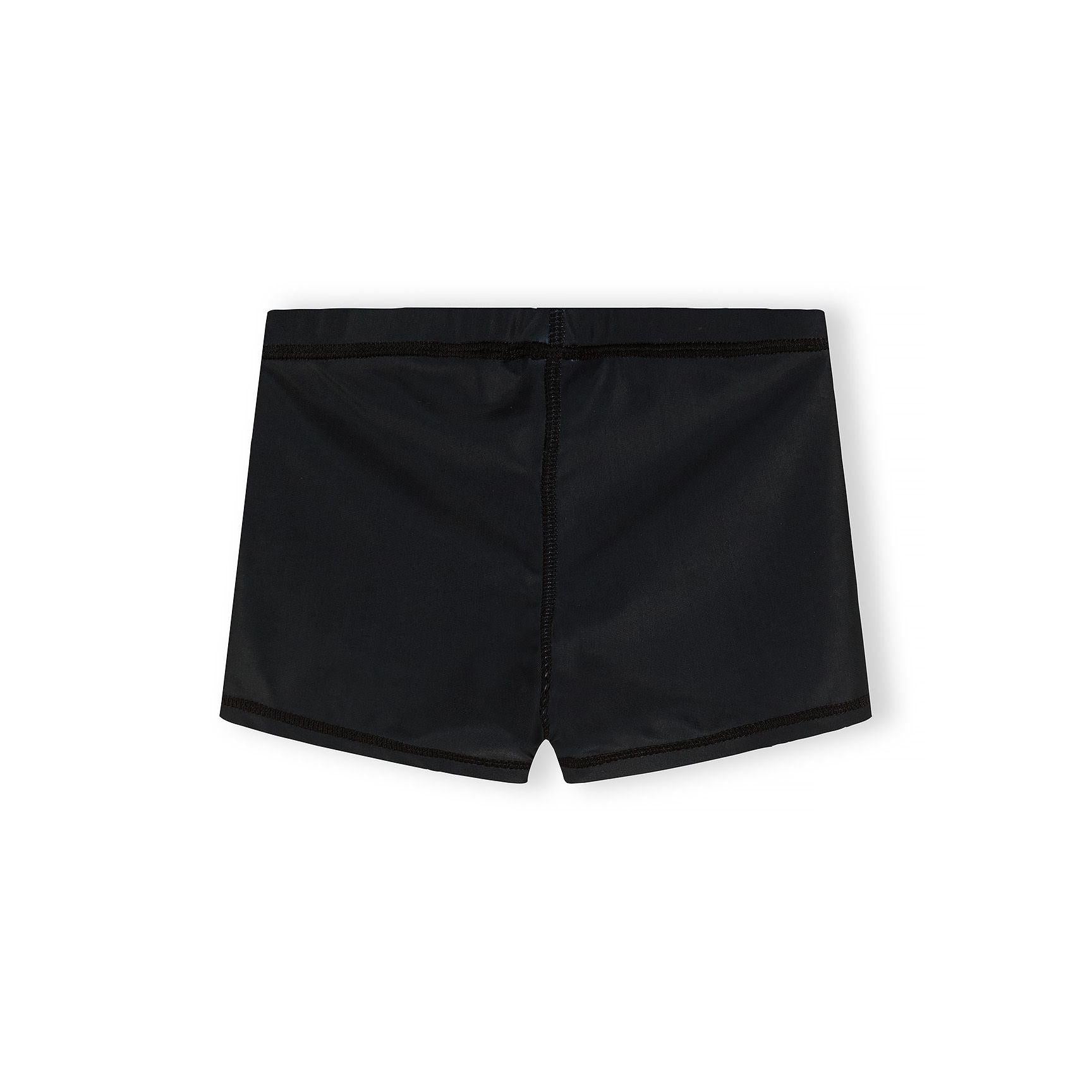 Close-up view of solid black swim shorts showing construction details, waistband and seam stitching on white background