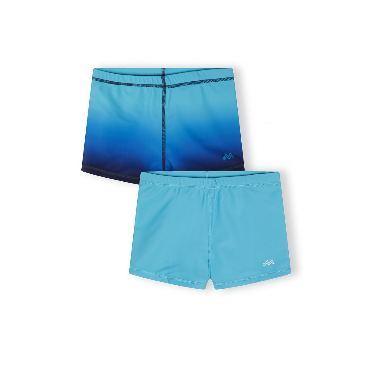 Boys' swimming trunks 2-pack in turquoise and blue gradient — complete product view for square Shop card