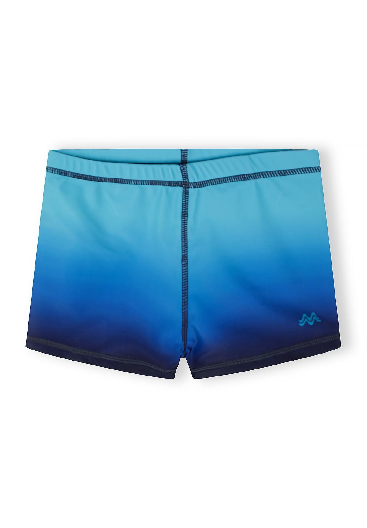 Boys swim shorts in turquoise and ombre blue, front view with elasticated waistband.