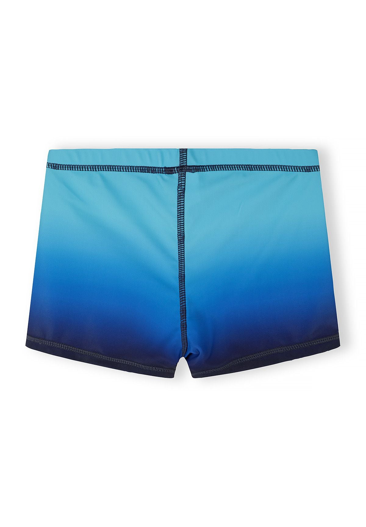 Boys swim shorts in turquoise and ombre blue, back view with elasticated waistband.