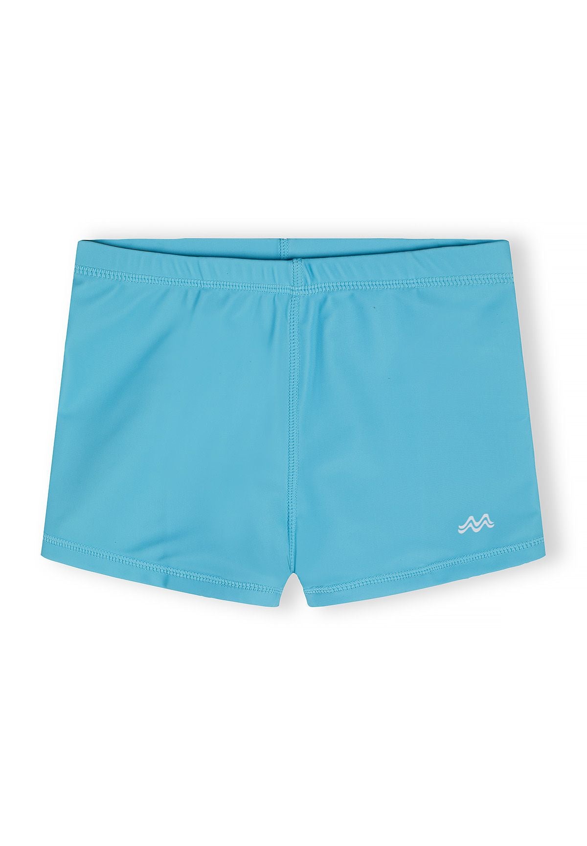 Boys swim shorts in turquoise, front view with elasticated waistband.