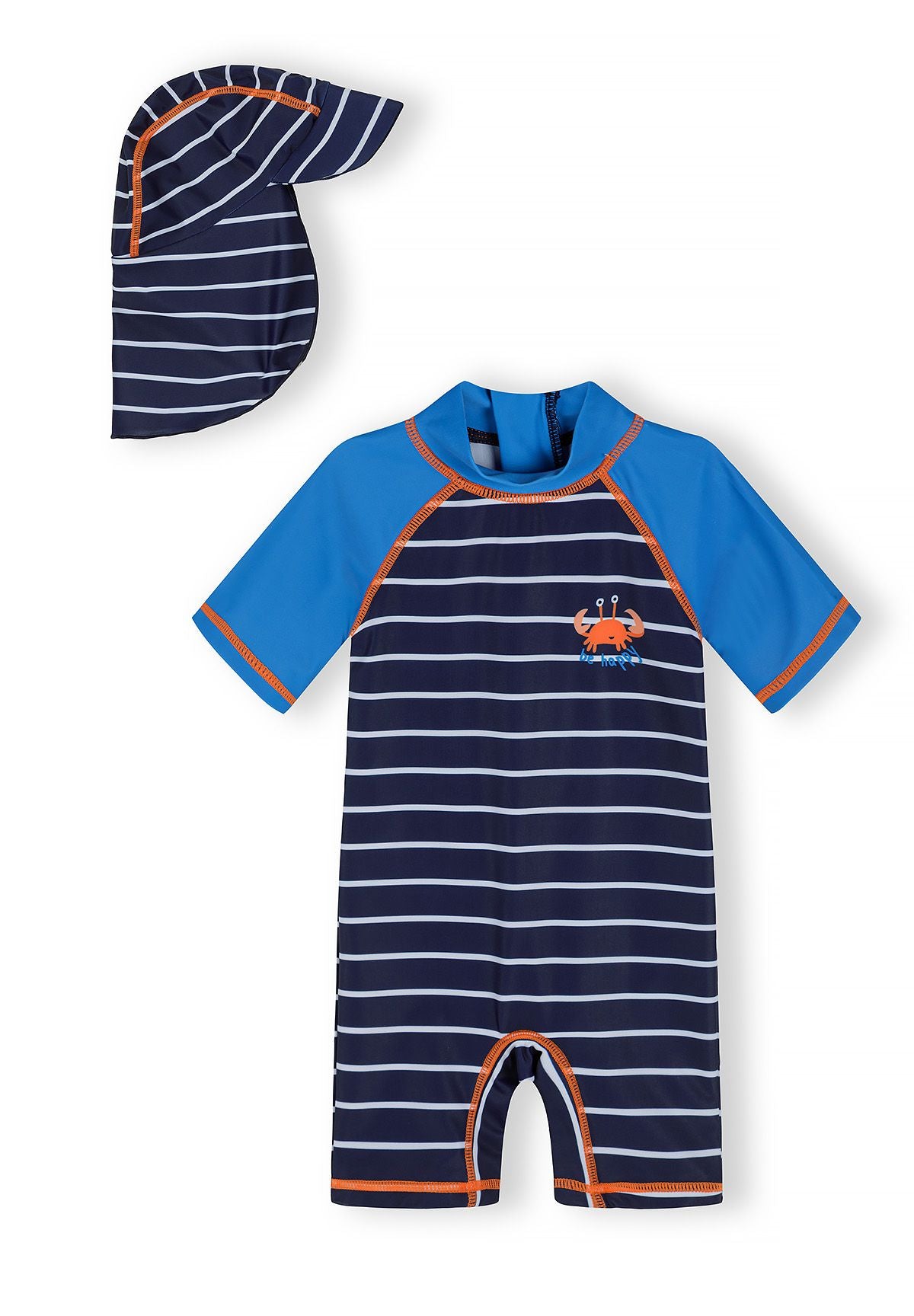 Navy, blue, white and orange sunsuit and legionnaire hat set, set front.