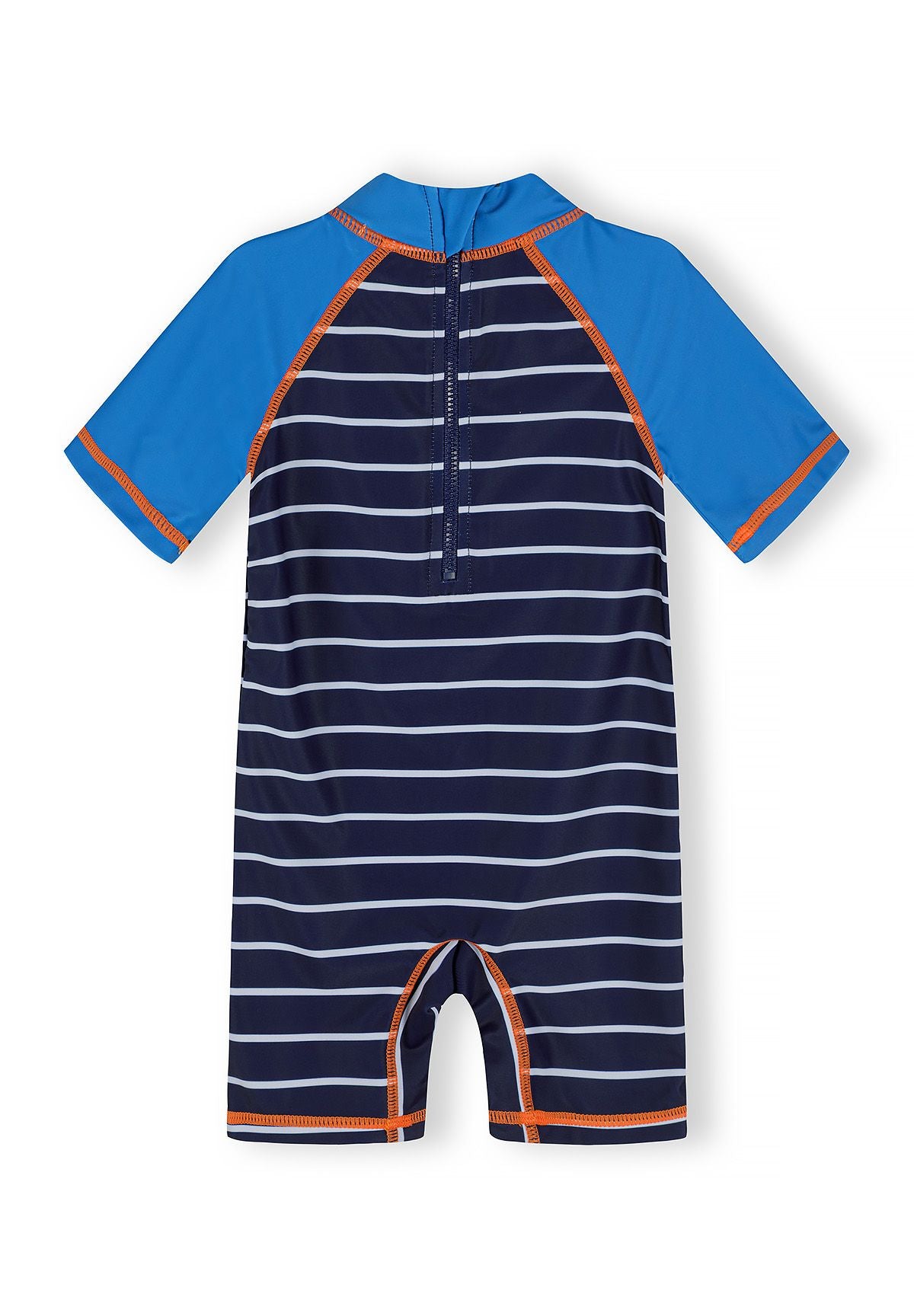 Boys navy striped rashguard swimsuit, back view, fitted hood and elasticated cuffs.