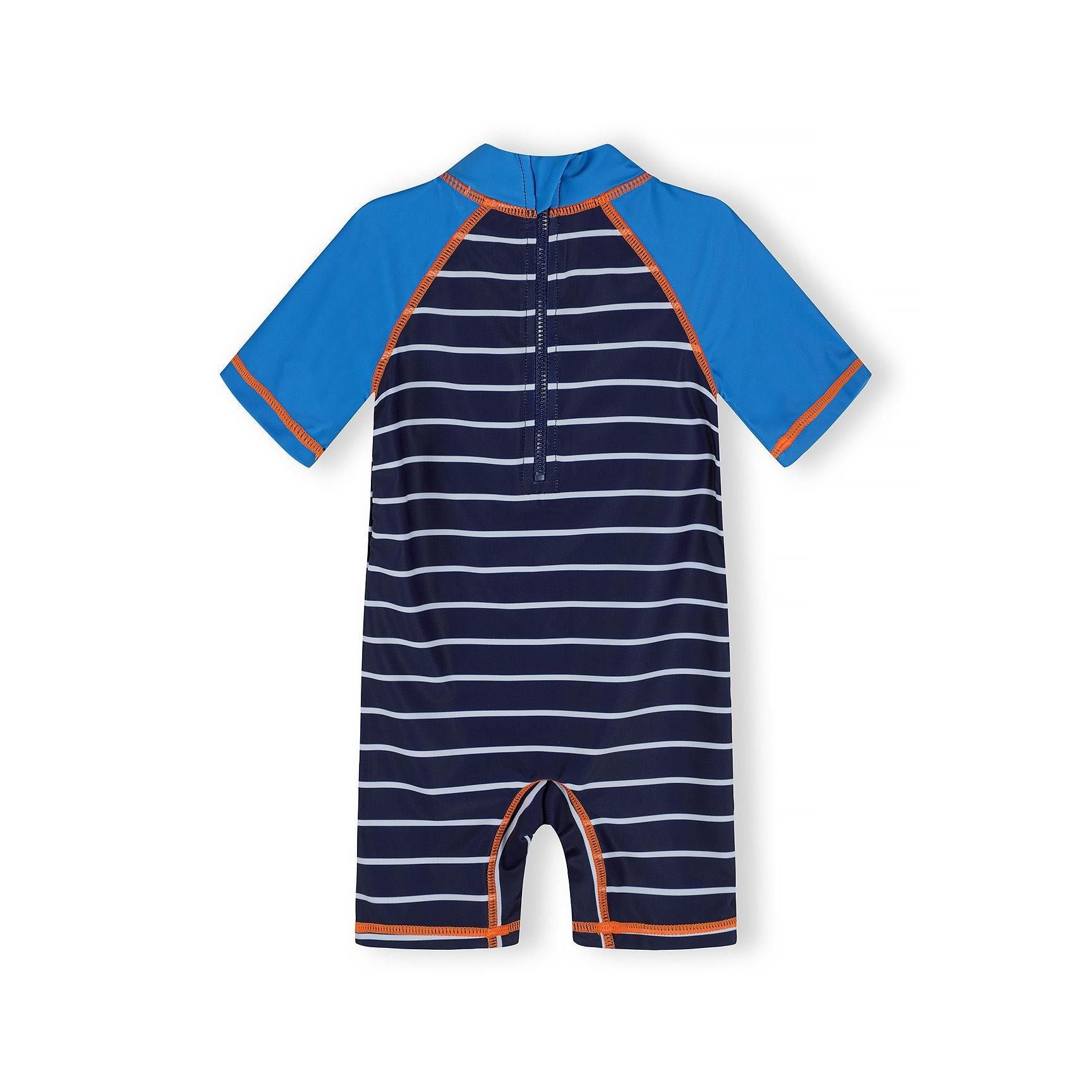 Close-up detail of swimsuit chest showing orange crab graphic with 'be happy' text on navy striped fabric with blue raglan sleeves