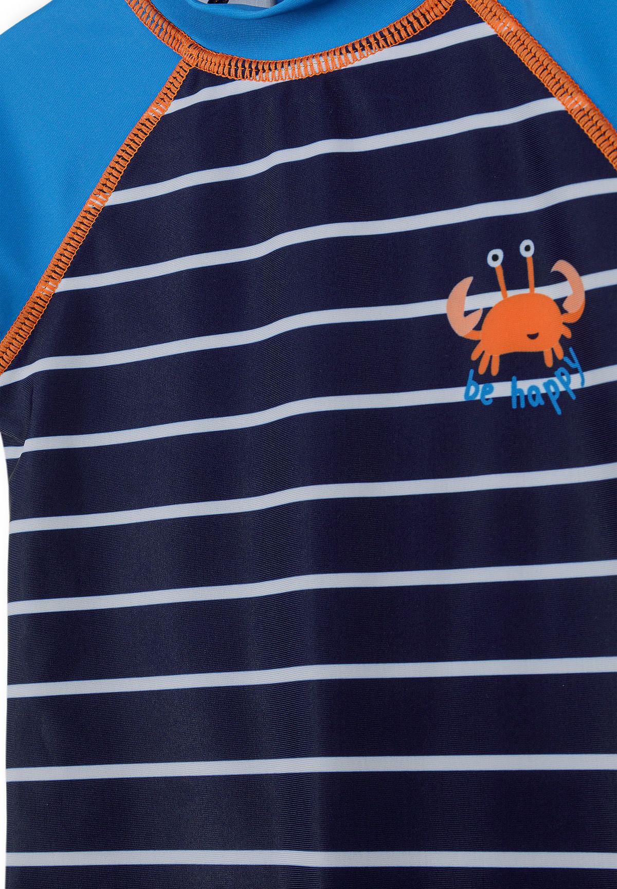 Boys navy striped rashguard swimsuit with fitted hood and elasticated cuffs, detail.