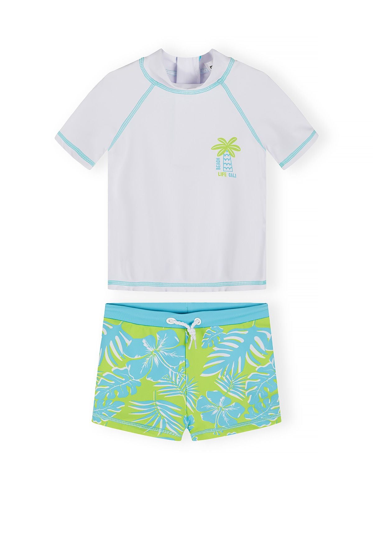 White, turquoise and lime green rash vest and swim shorts set, set front.