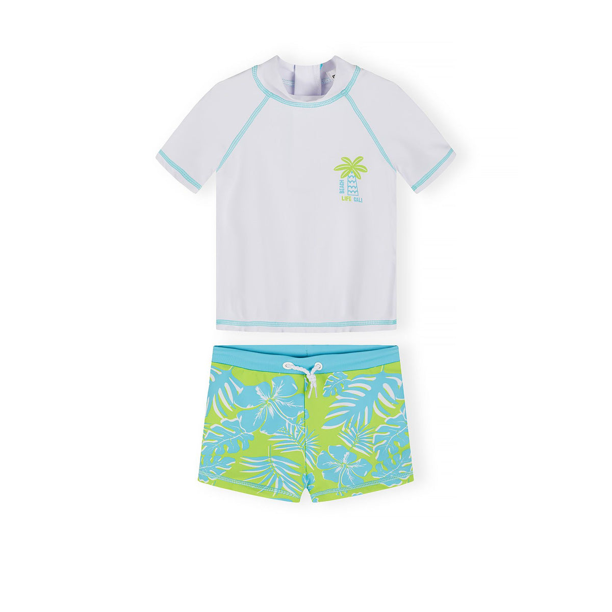 Boys' rash vest and swim shorts set in white, turquoise and lime green — complete product view for square Shop card
