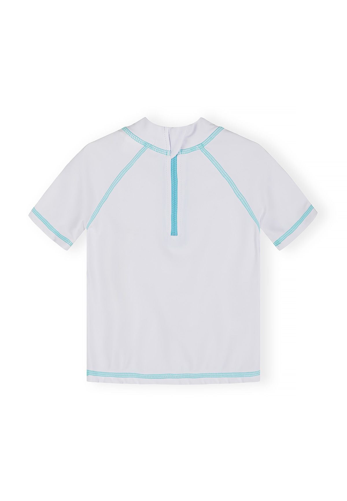 Boys short sleeve rash t-shirt in white with blue stitching, back view.
