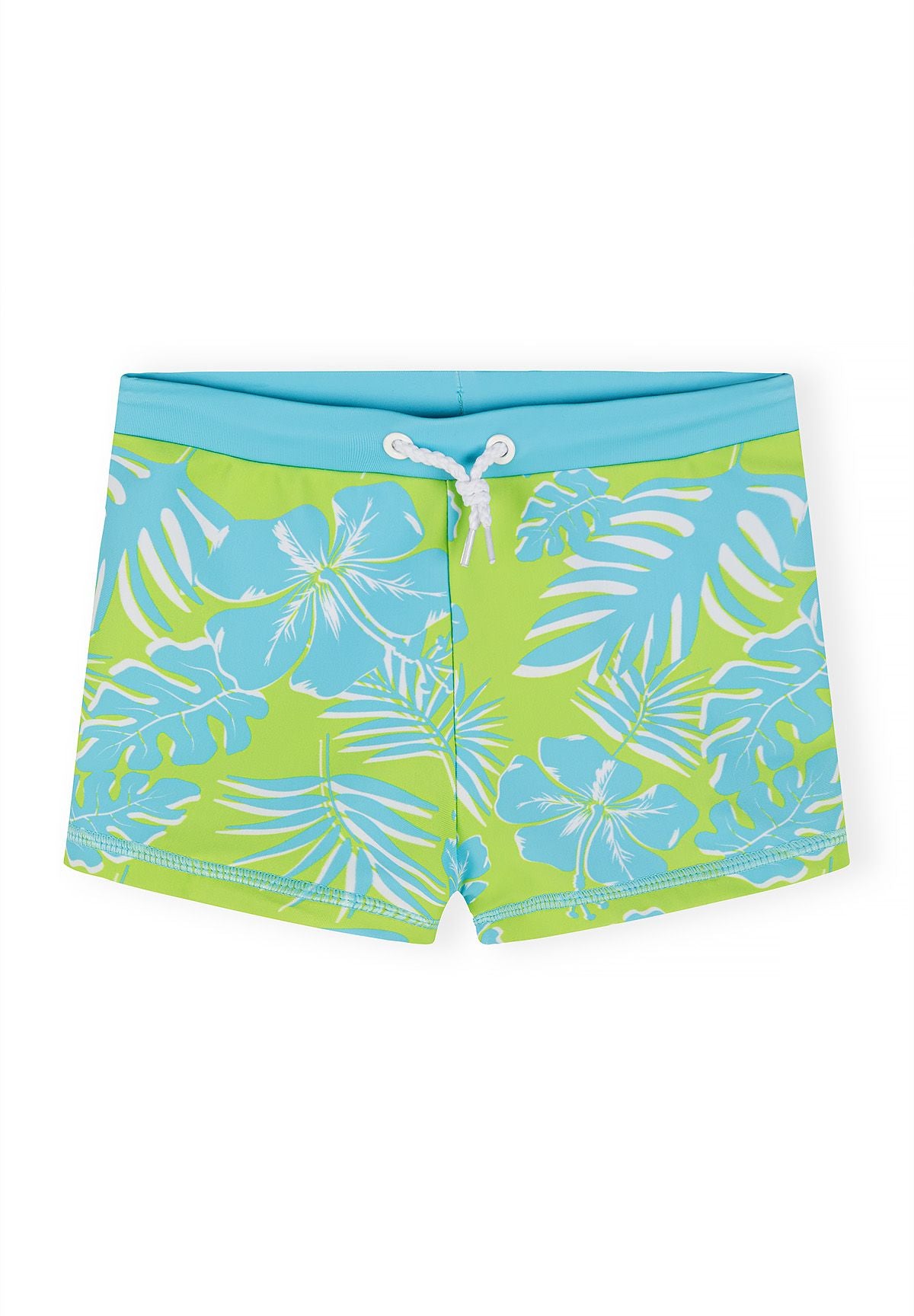 Boys swim shorts in lime green with blue tropical print, front view.