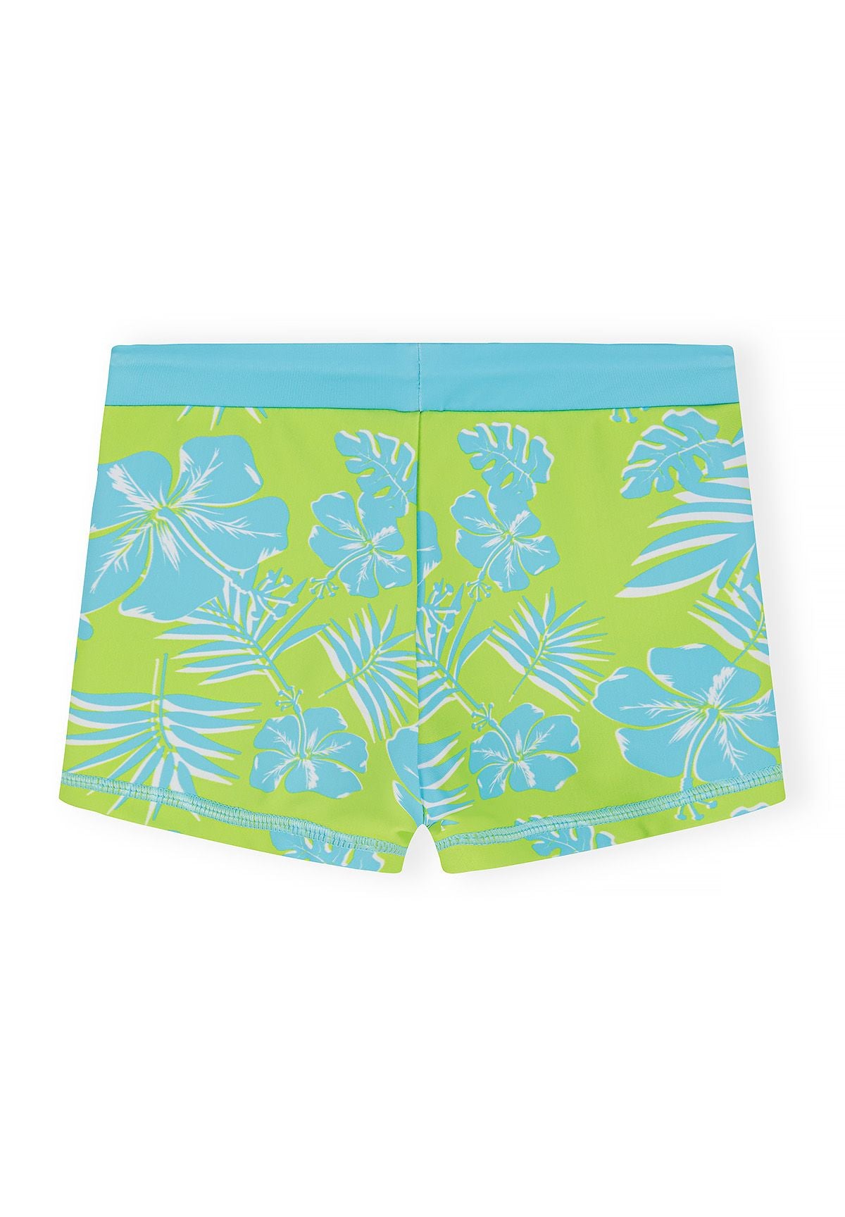 Detail of boys swim shorts in lime green with blue floral pattern and elastic waistband.