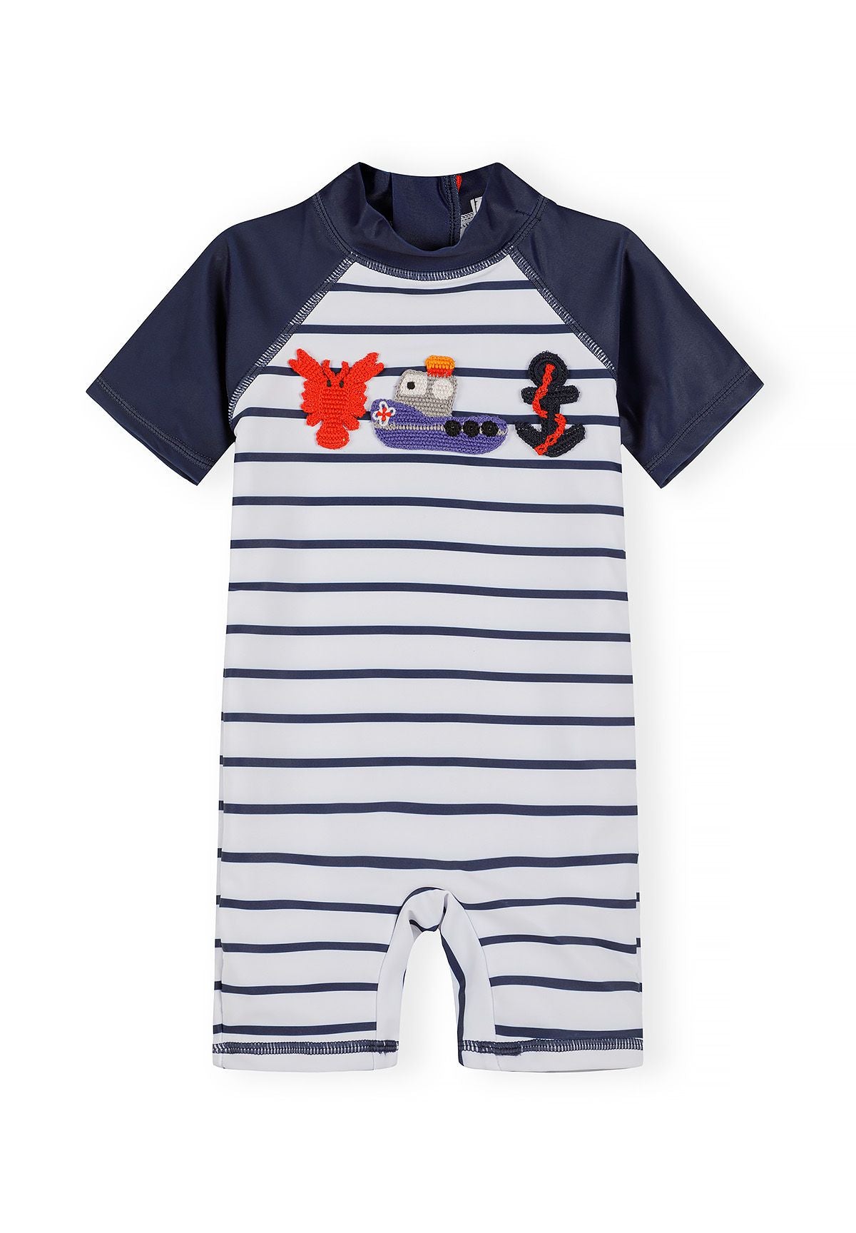 Boys short sleeve marine striped rash suit with front zip and lobster design.