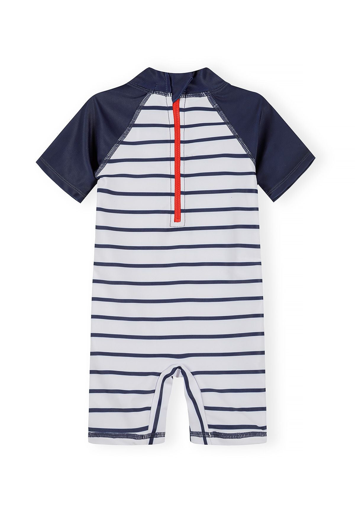 Back view of a boys' short sleeve rash suit with marine stripes and a red zip.