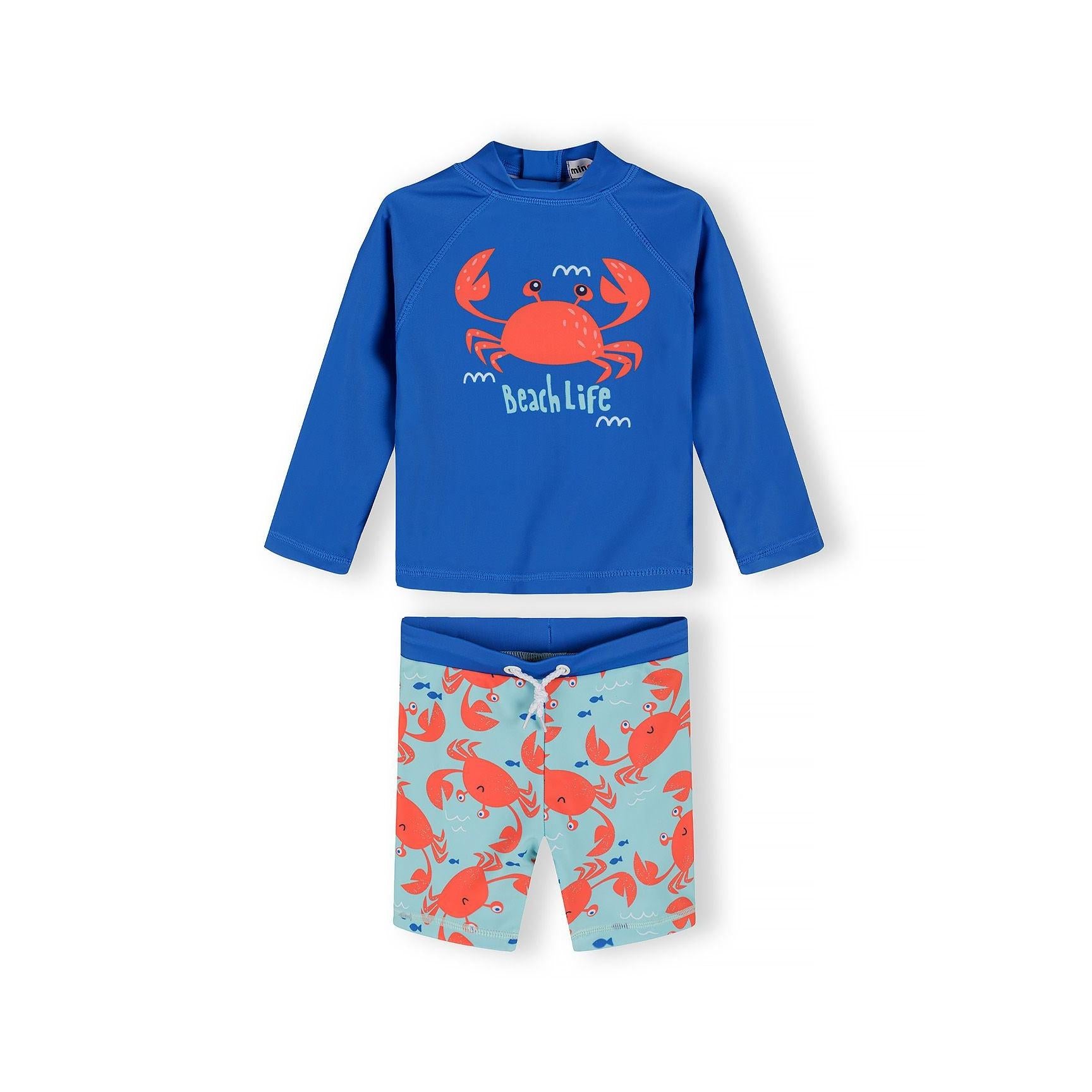 Blue rash vest set with orange crab print displaying hooded long-sleeve top and matching shorts on white background