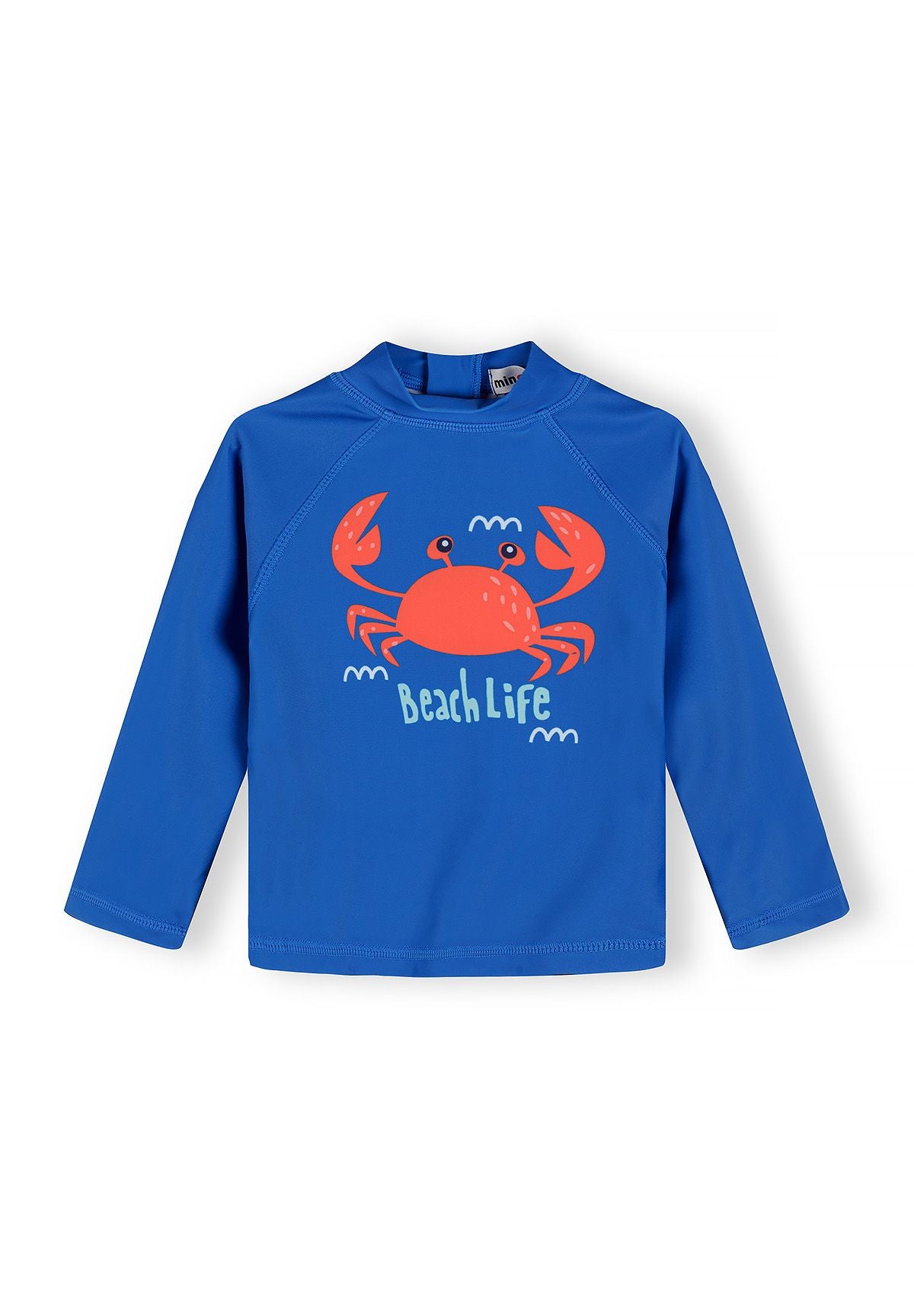 Boys long-sleeved rash vest in blue with crab print and stand collar.
