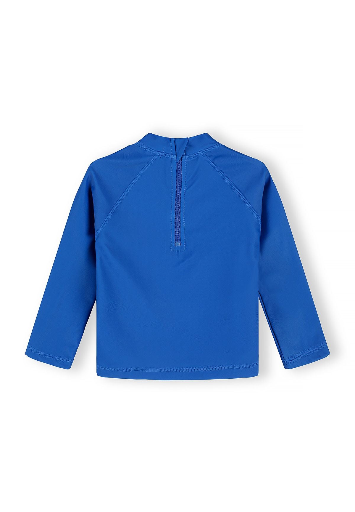 Boys long-sleeved hooded rash vest in blue, back view with zip fastening.