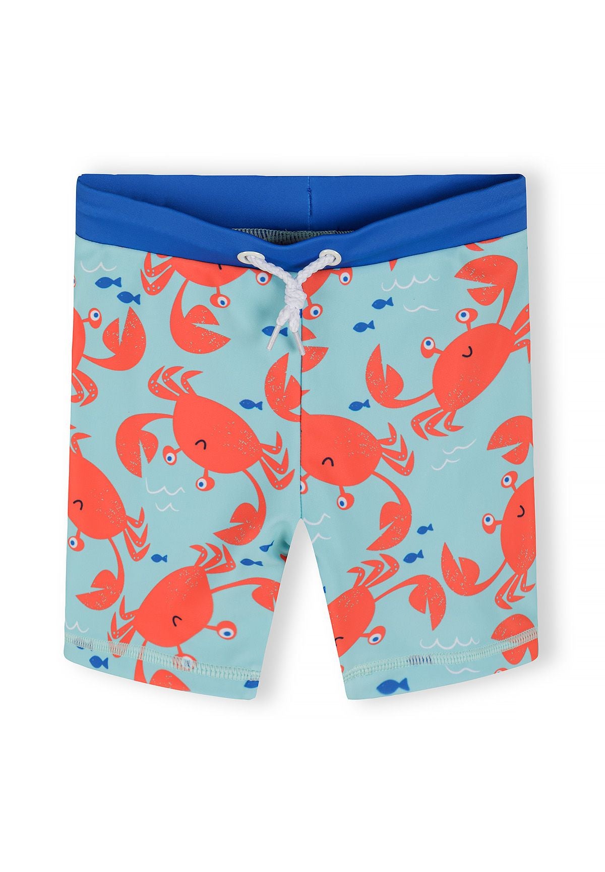 Boys swim shorts with blue crab print, front view, adjustable waistband.