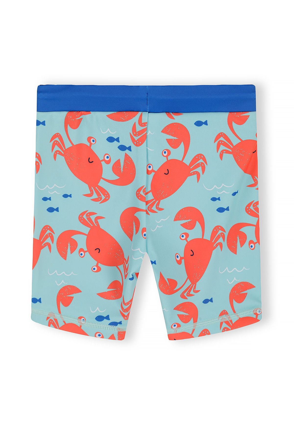 Boys mid-length shorts with blue crab print, back view.