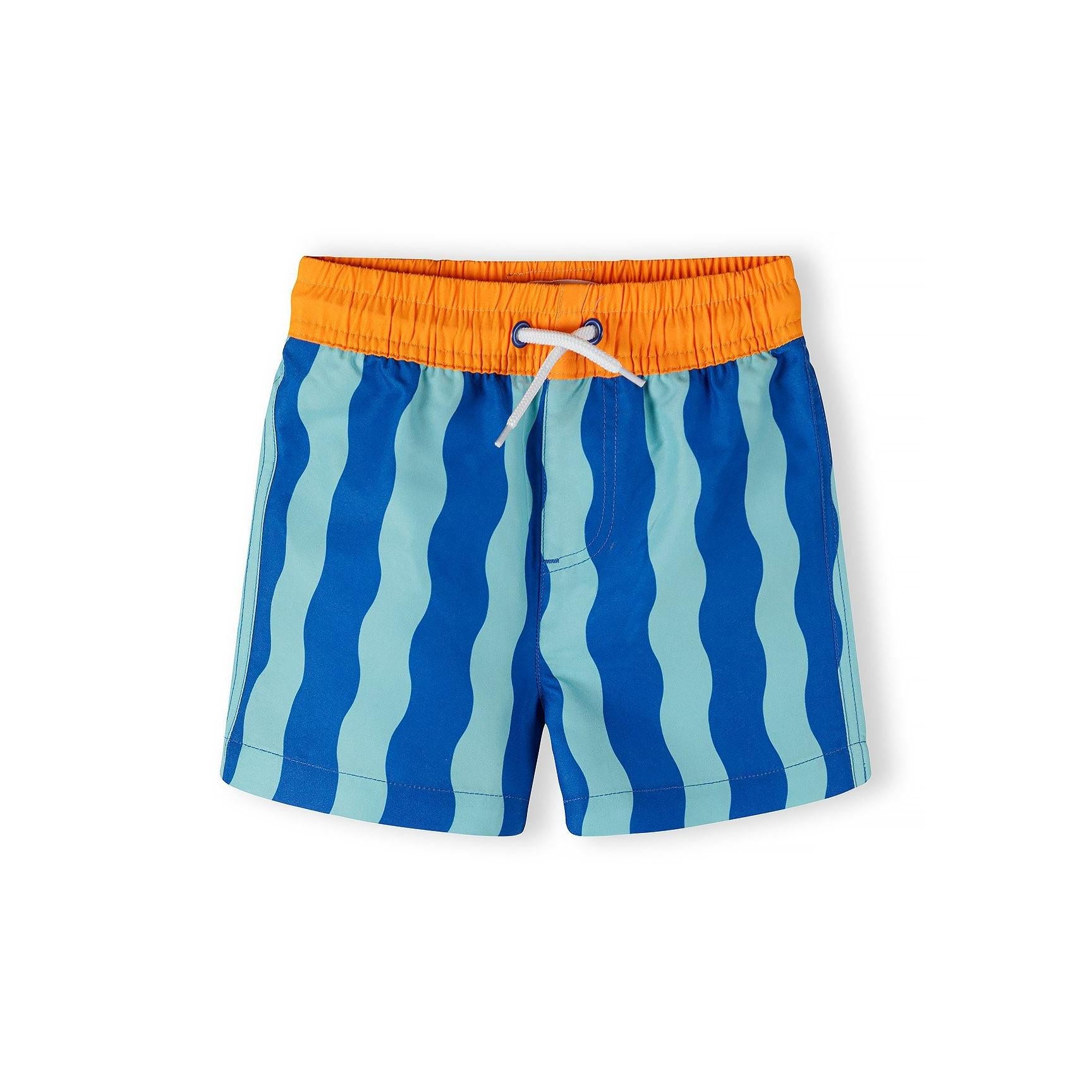 Single swimming shorts with blue wavy stripes and orange elasticated waistband with white drawstring, laid flat on white background showing front view