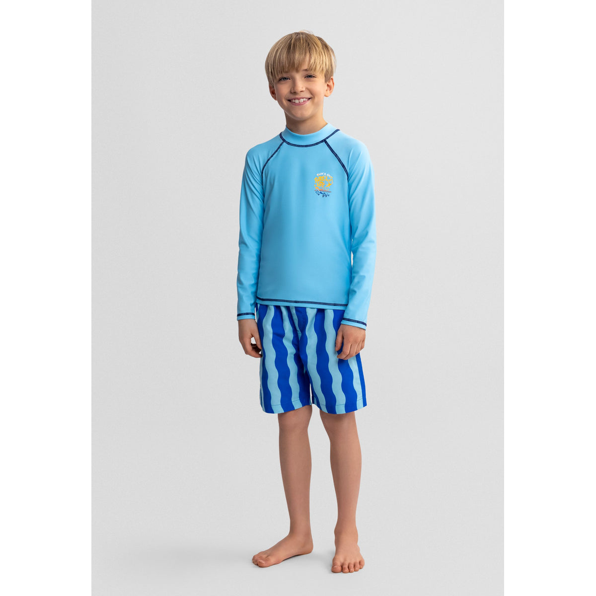 Boys' swim shorts 2-pack in blue, turquoise and orange — complete product view for square Shop card