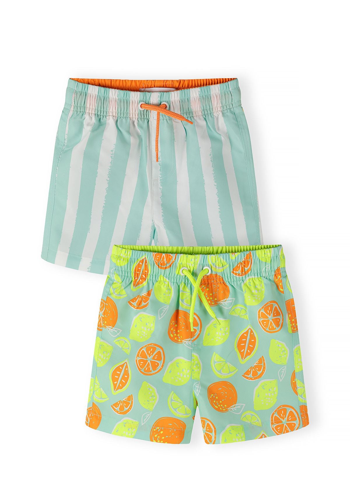 Boys' 2-pack swim shorts in mint with lemon stripes and fruit print, front view.