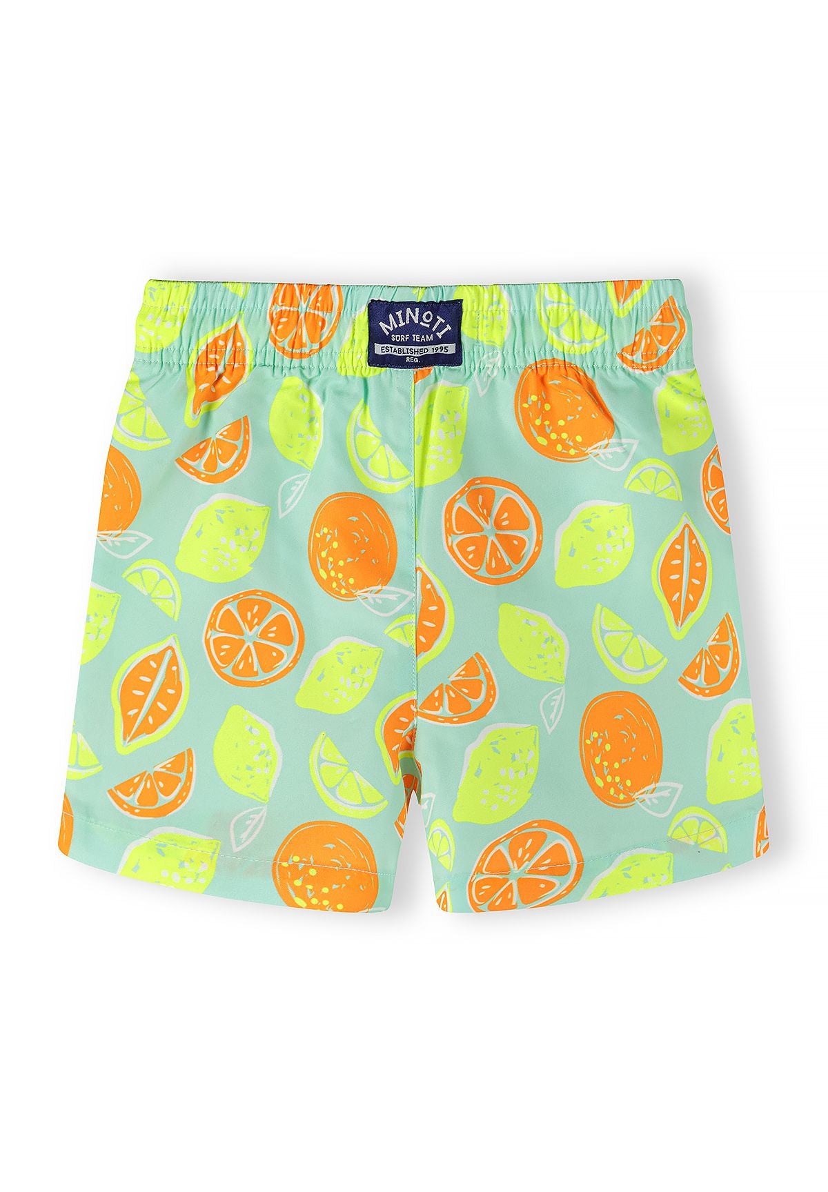 Boys' swim shorts in mint with lemon and orange fruit pattern, back view, elastic waistband.
