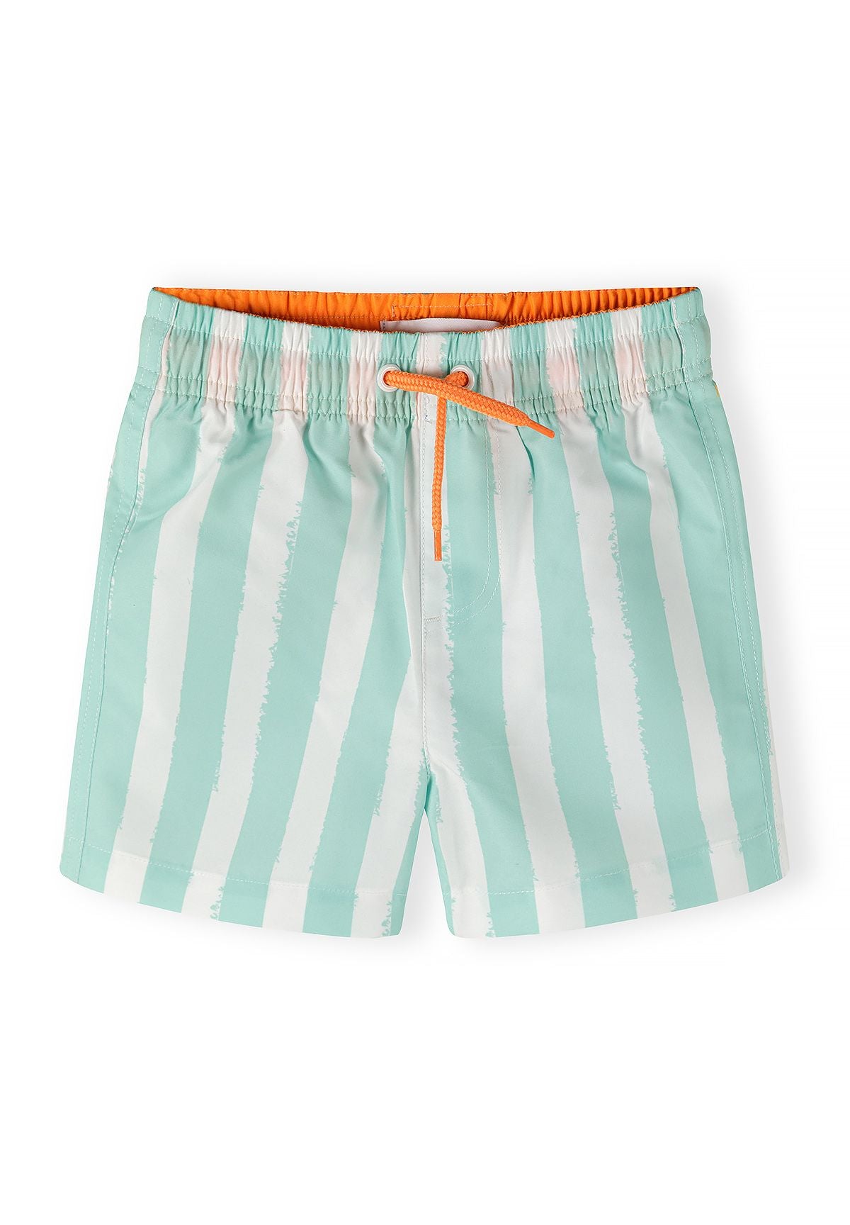 Boys' swim shorts in mint with lemon stripes, front view, elastic waistband.