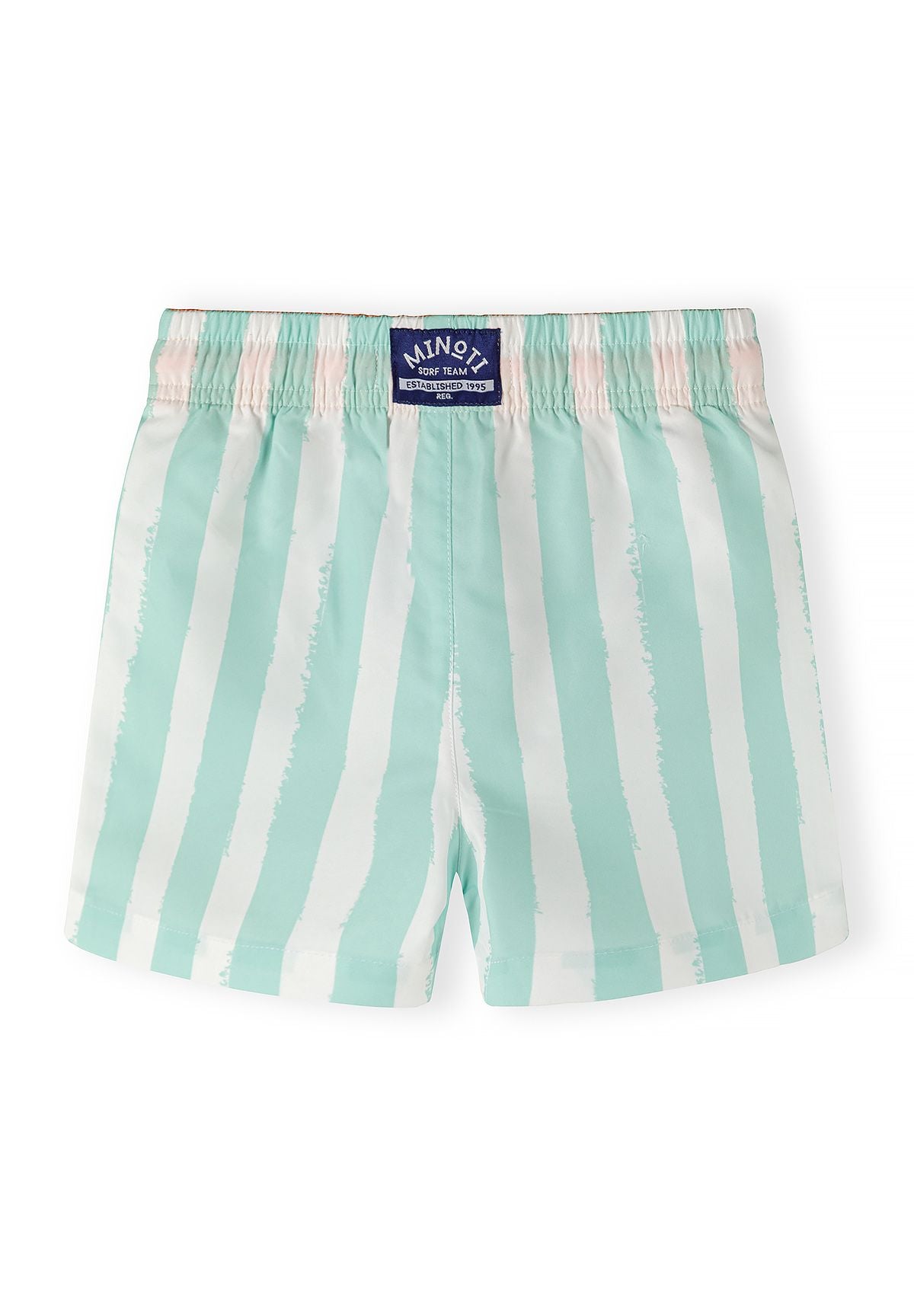 Boys' swim shorts in mint with white stripes, back view, elastic waistband.