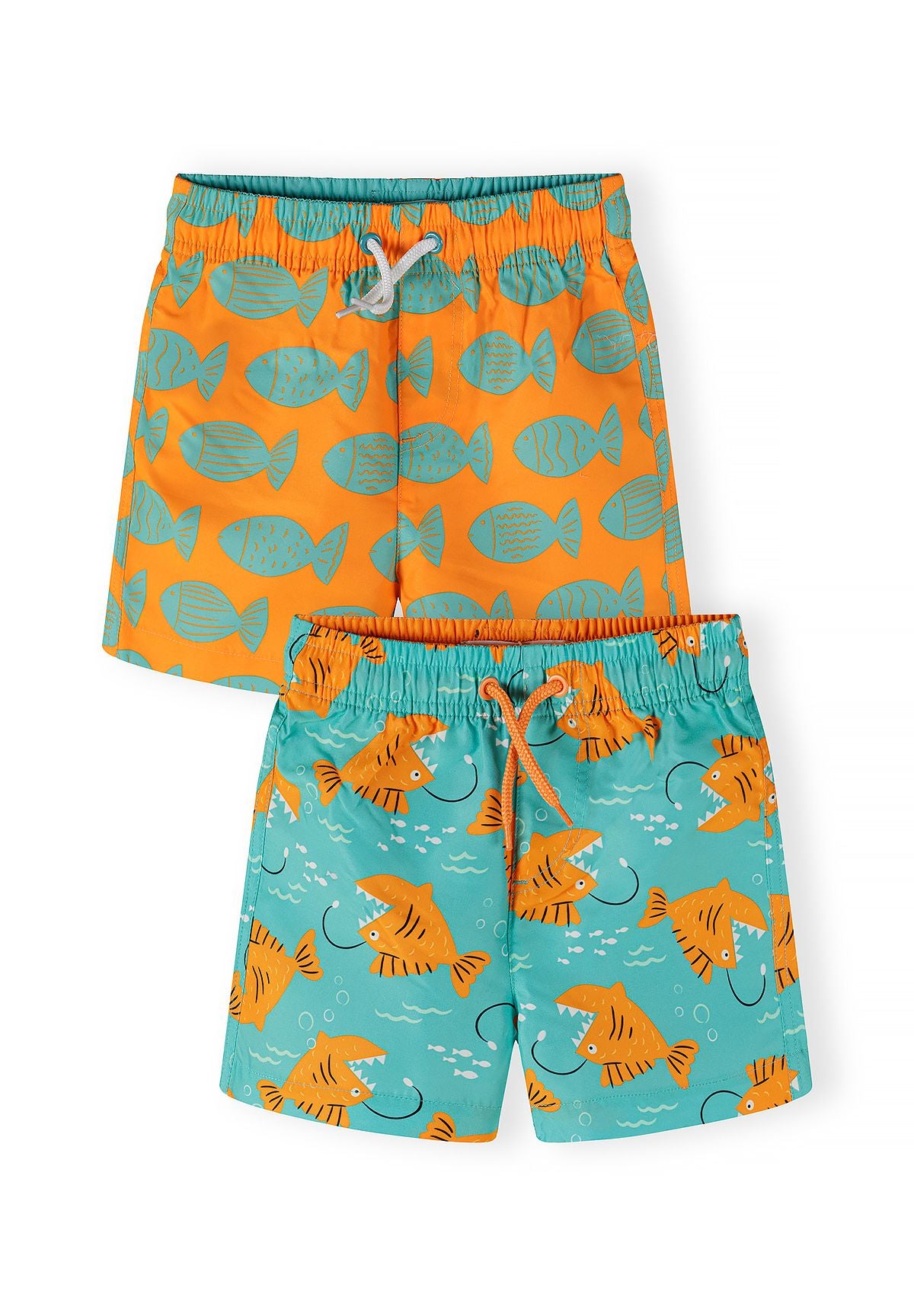 Orange and turquoise swim shorts, two-pack fronts.