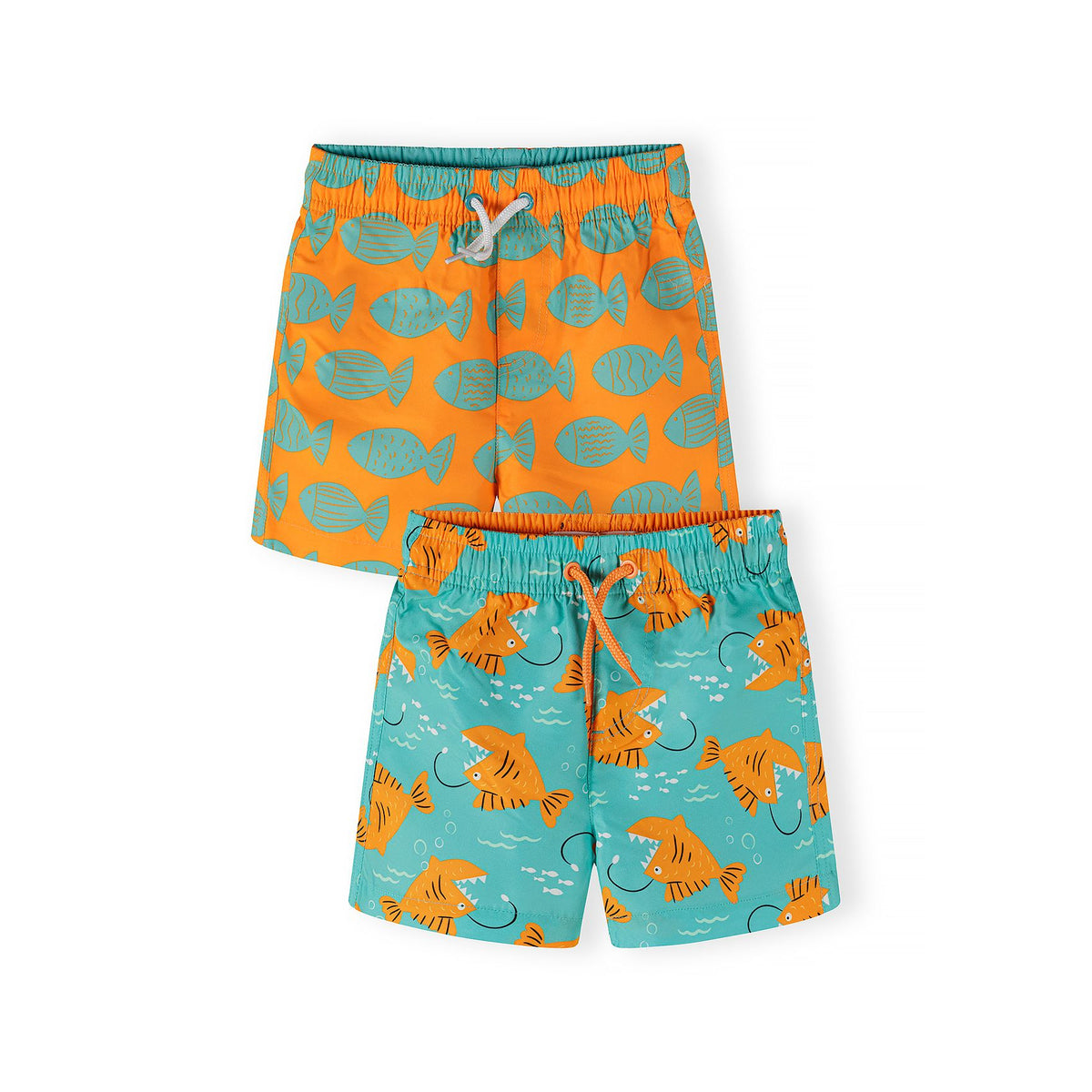 Boys' swim shorts 2-pack in orange and turquoise — complete product view for square Shop card
