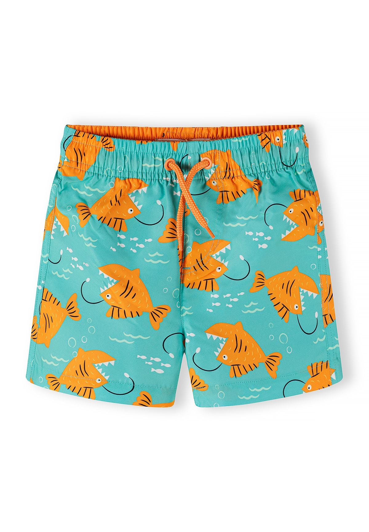 Boys swim shorts in turquoise with orange fish prints, front view, elasticated waistband.