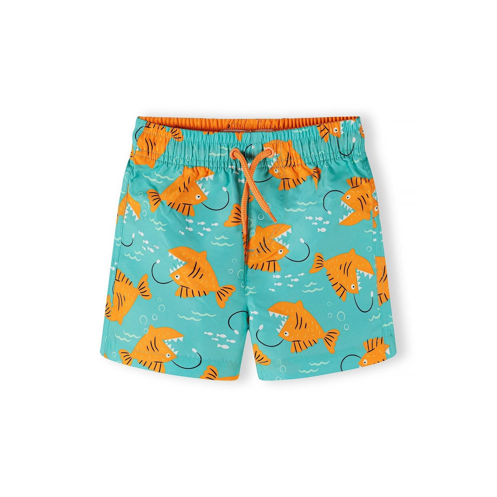 Single orange swim shorts with turquoise fish print pattern, showing elasticated waistband with white drawstring, flat lay on white background
