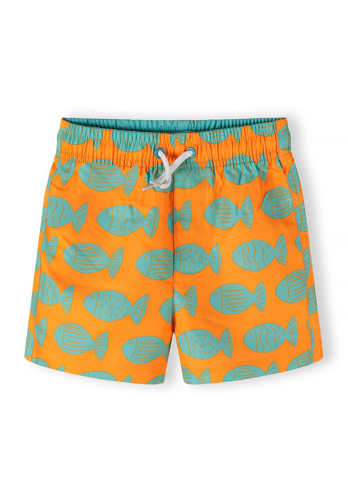 Boys swim shorts in orange with turquoise fish prints, front view.