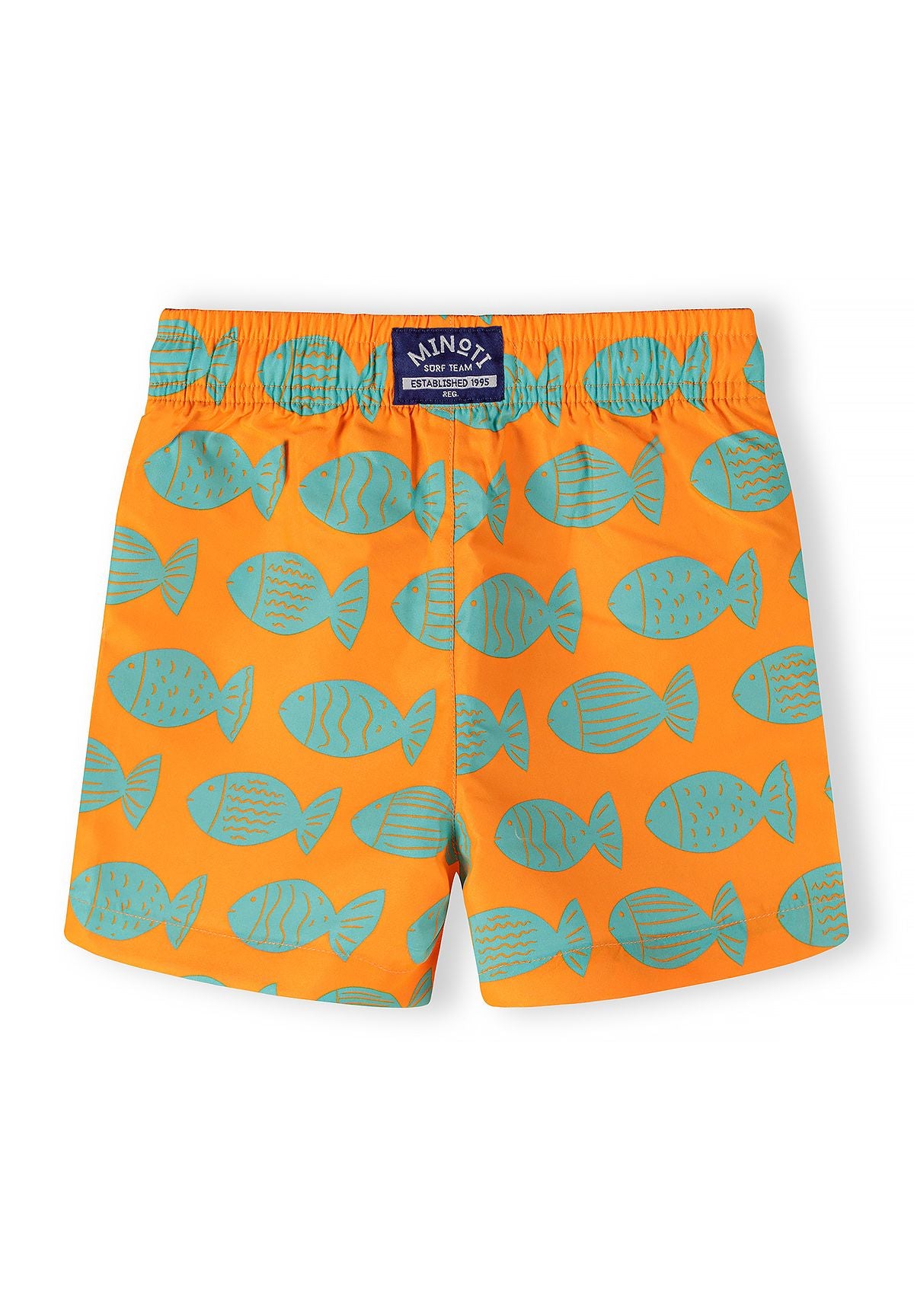 Boys swim shorts in orange with fish prints, back view.