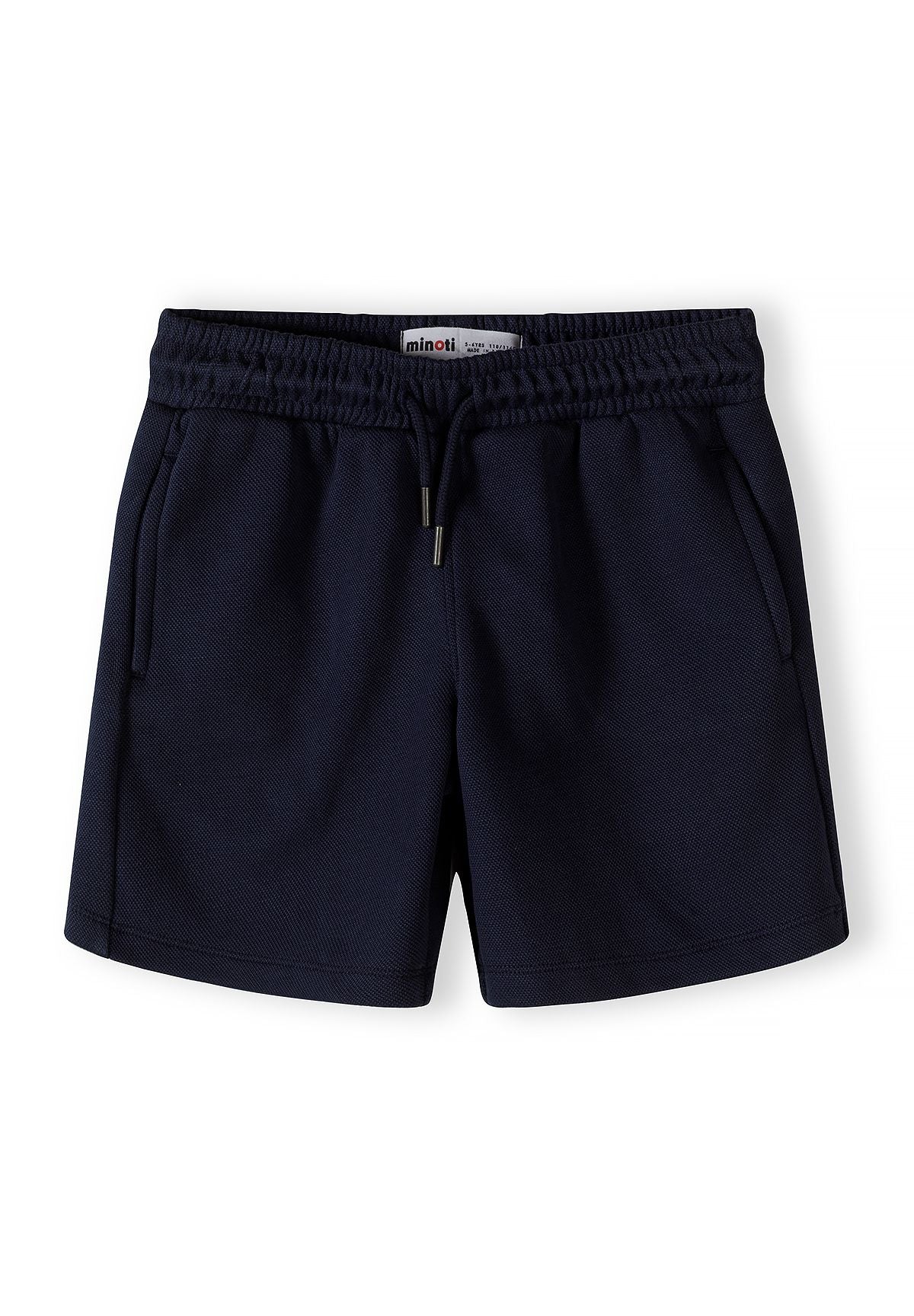 Boys navy shorts with elasticated waistband and two side pockets, front view.