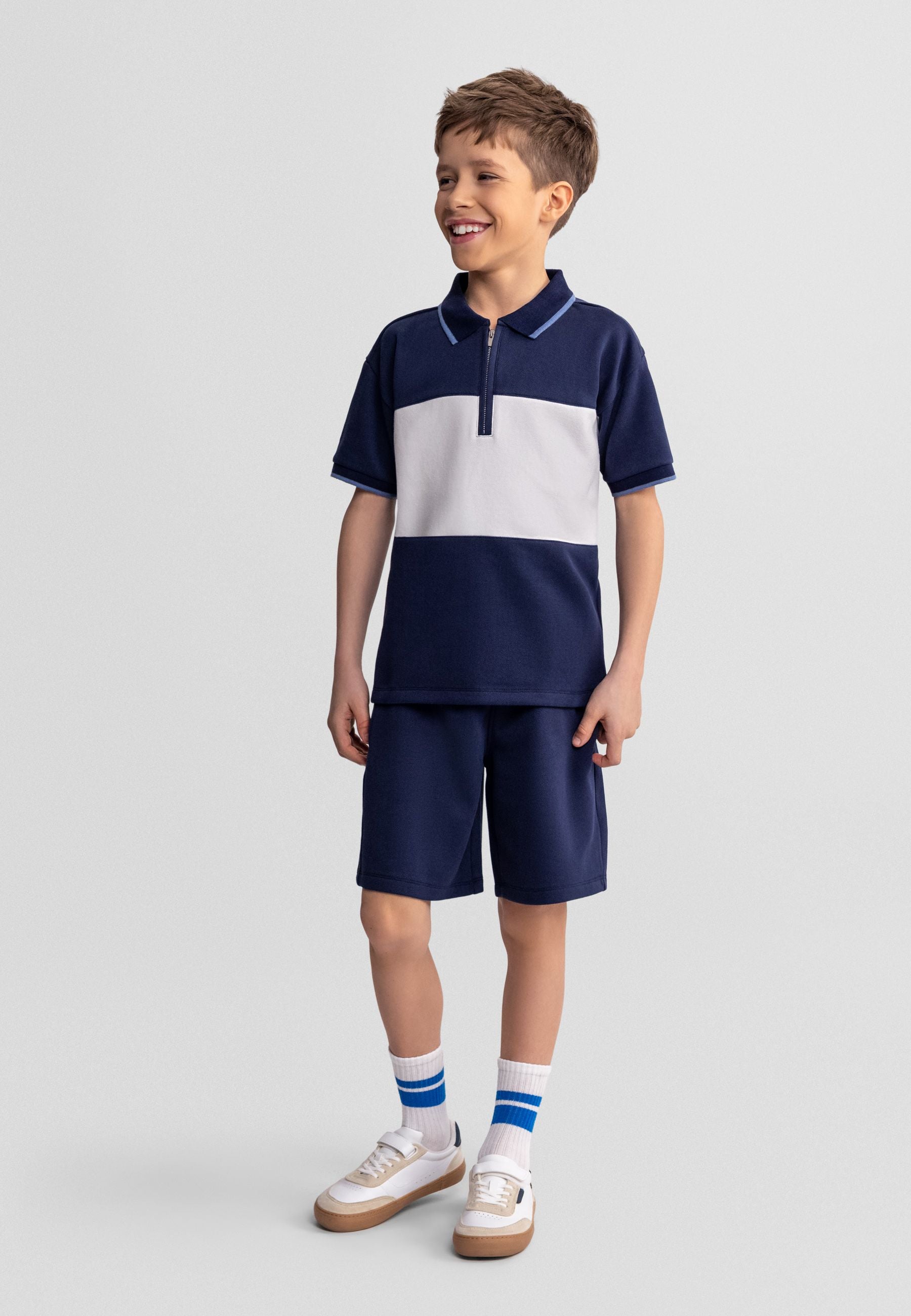 Pique Polo Set, Navy White Colorblock, Zip Collar - 1
