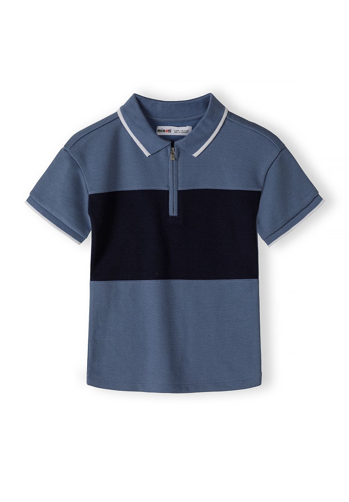 Boys' short-sleeved navy blue polo shirt with zip-up collar, front view.