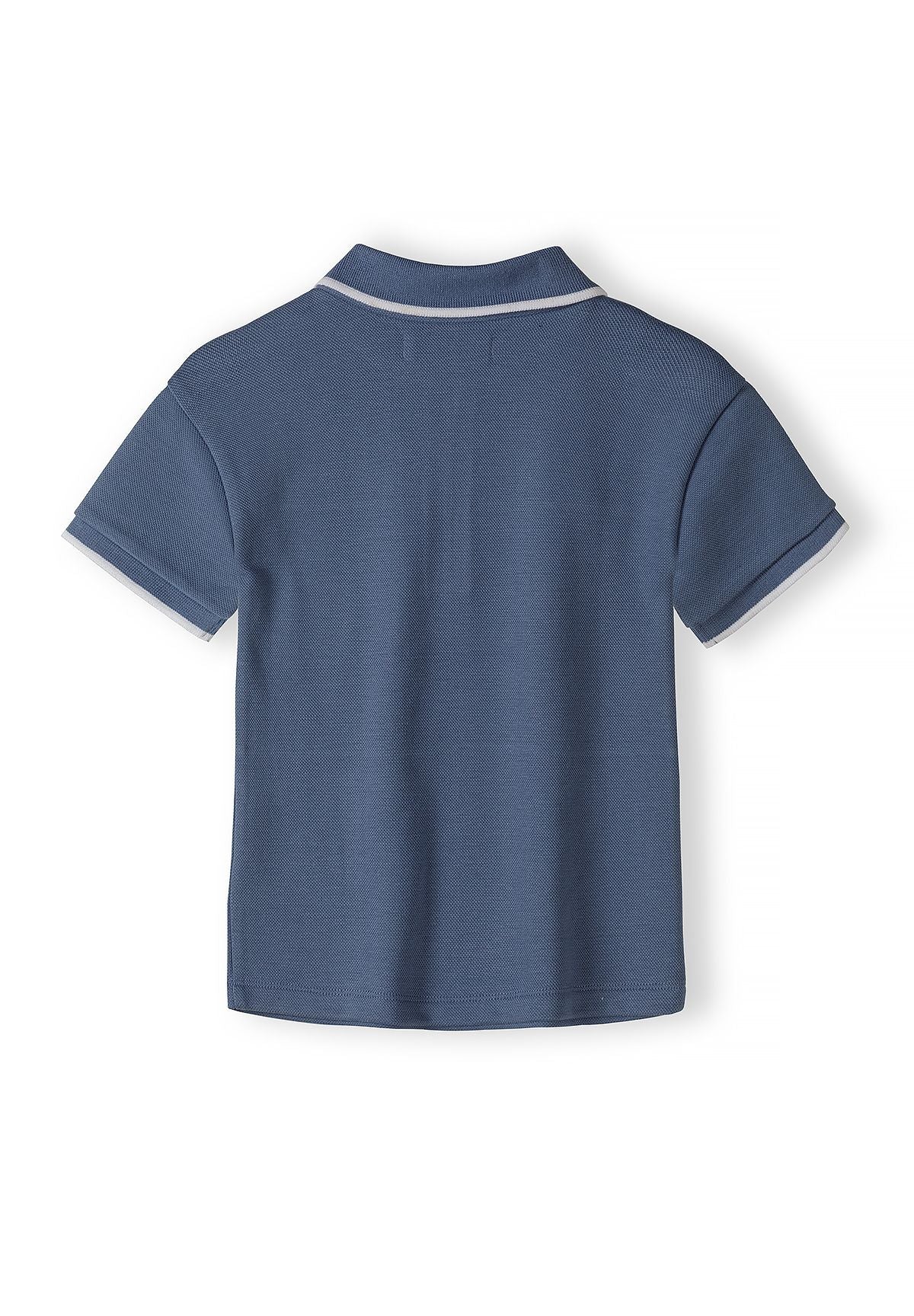 Boys navy blue polo shirt, back view, features zip-up collar and textured knit fabric.