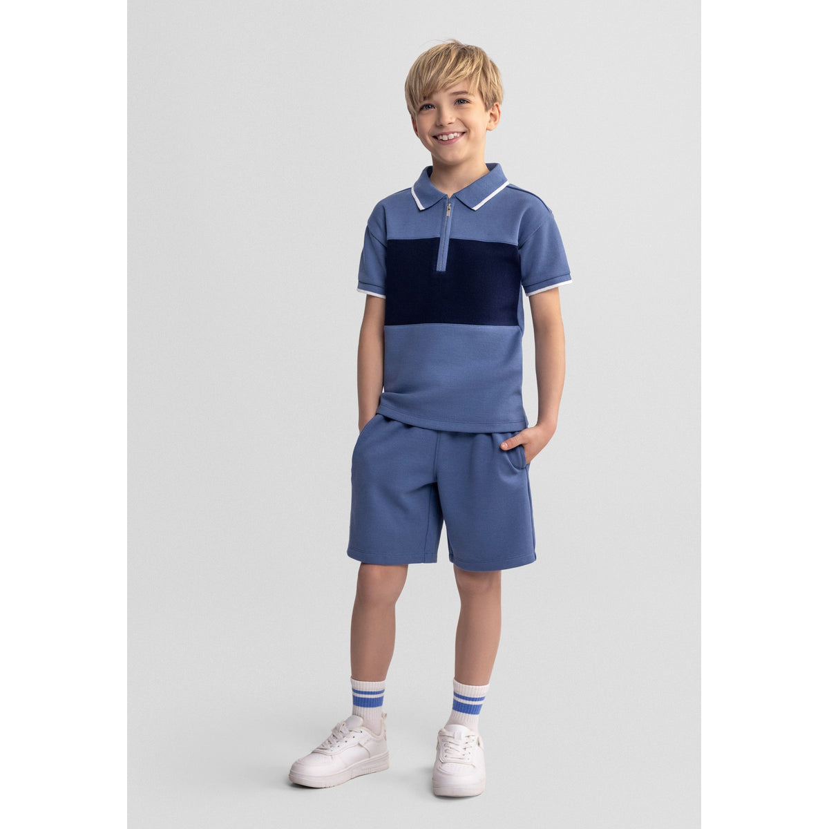 Boys' zip neck polo and shorts set in blue and navy — complete product view for square Shop card